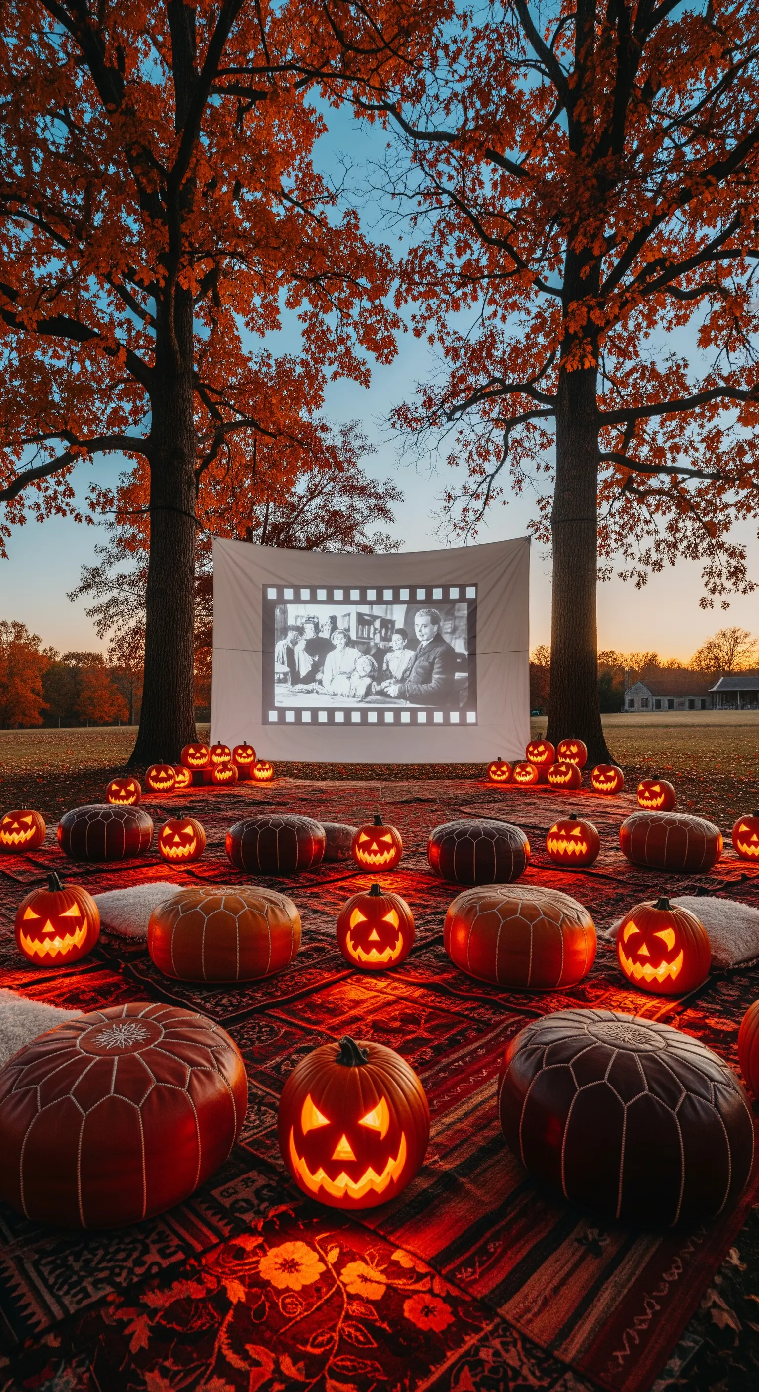 Outdoor-Filmabend mit Leinwand, leuchtenden Kürbissen und Bodenkissen im Herbstwald