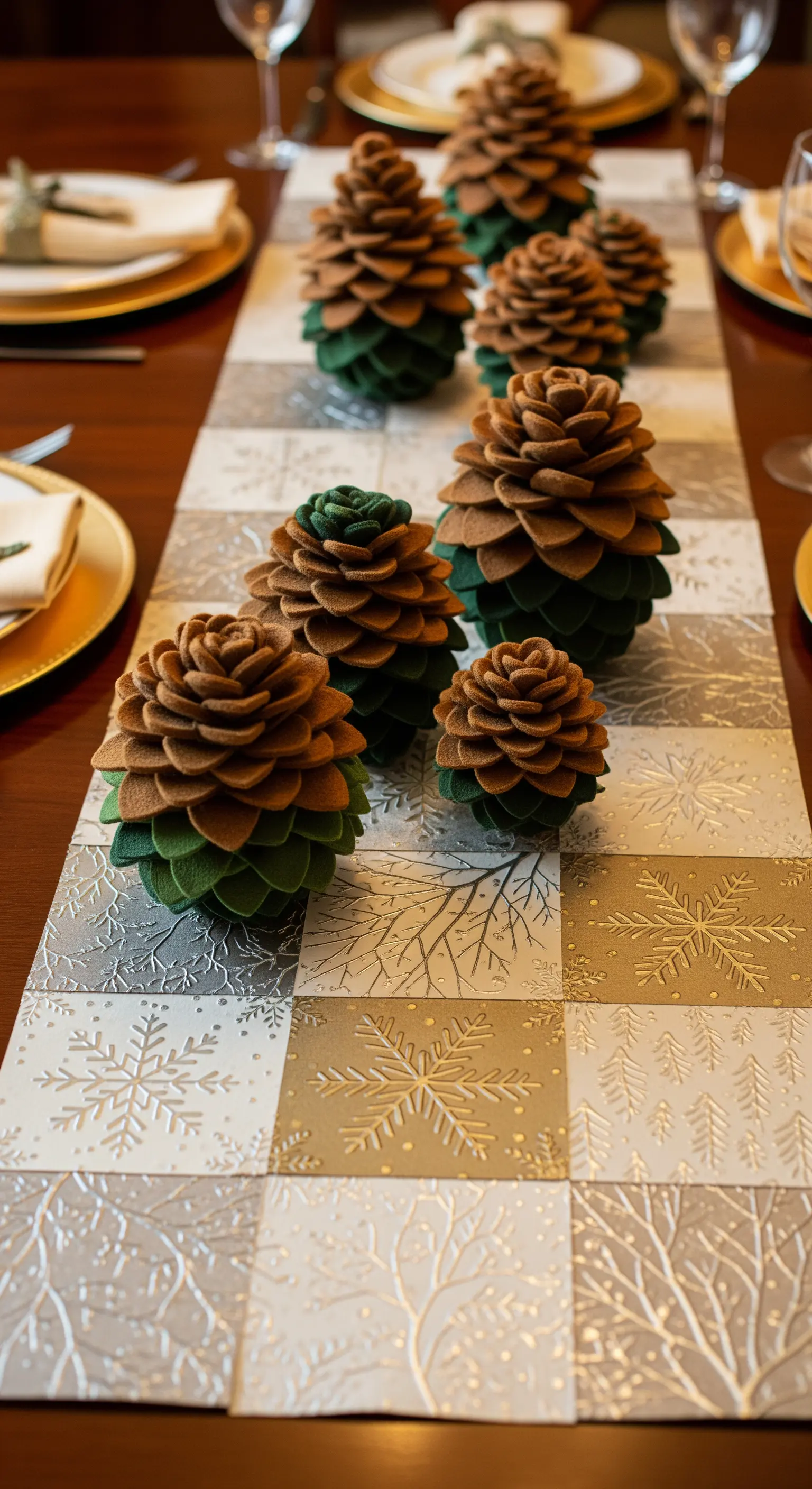 Filz-Tannenzapfen als Tischdeko auf einem Schneeflocken-Tischläufer