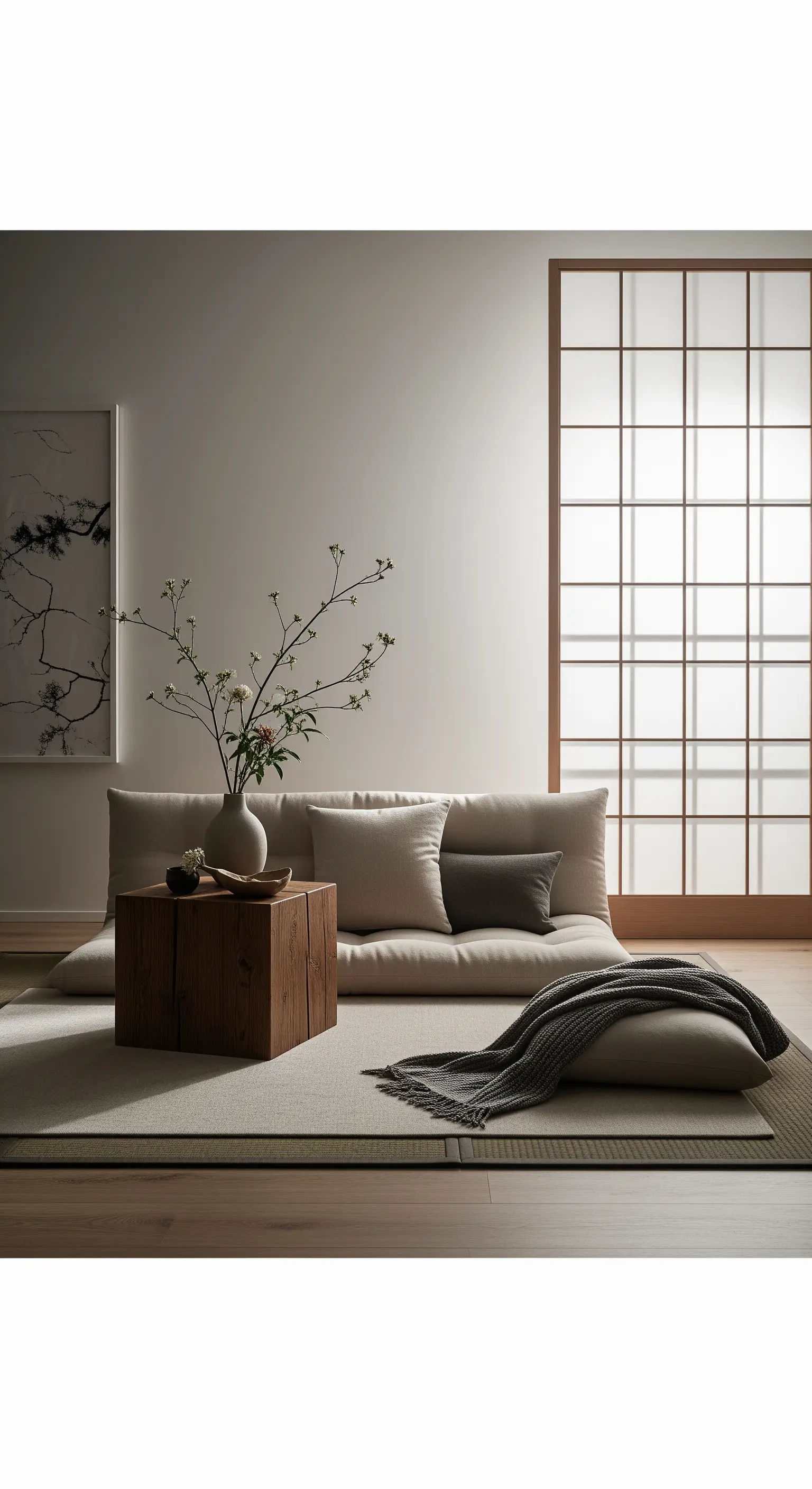Minimalistisches Japandi-Wohnzimmer mit bodennahem Sofa, Holzblock-Tisch und Shoji-Wand.
