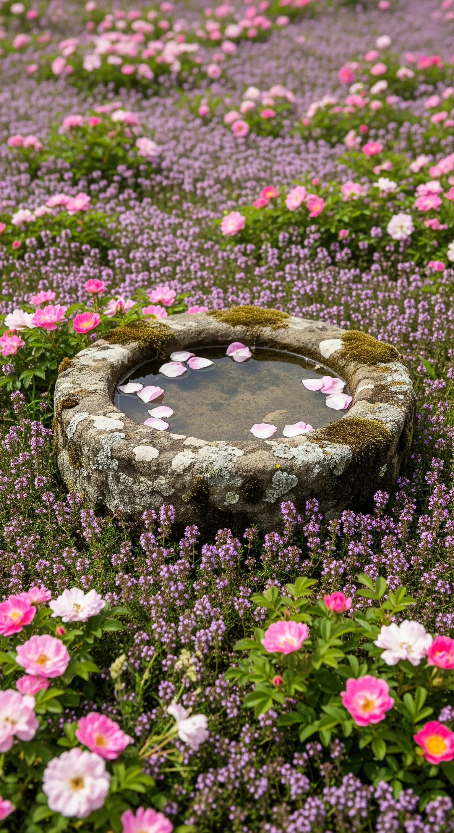 Flache Steinvogeltränke, umgeben von Thymian und rosa Rosen im Bodenbeet