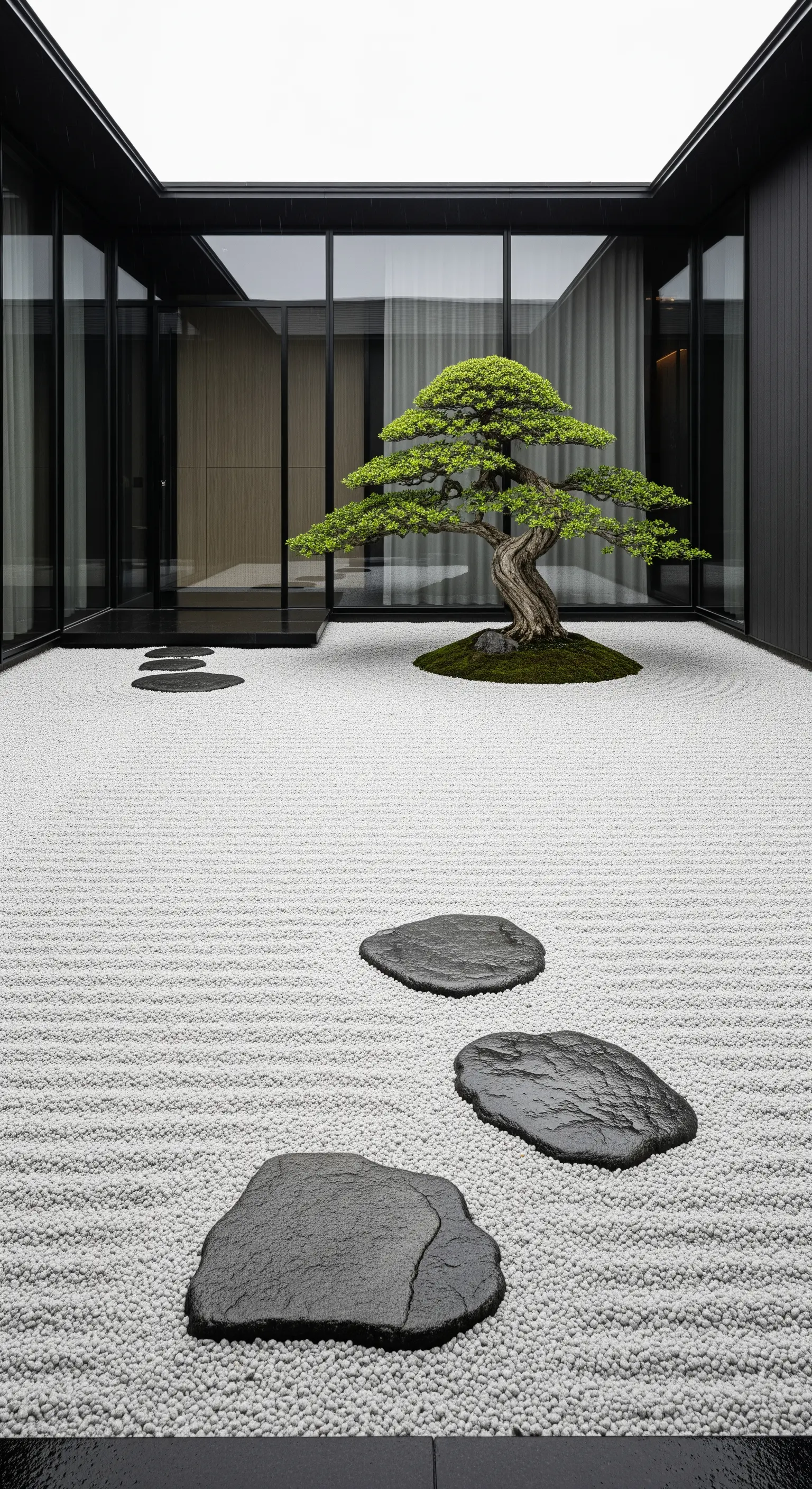 Innenhof mit flachen Trittsteinen, hellem Kies und zentralem Bonsai auf Moosinsel