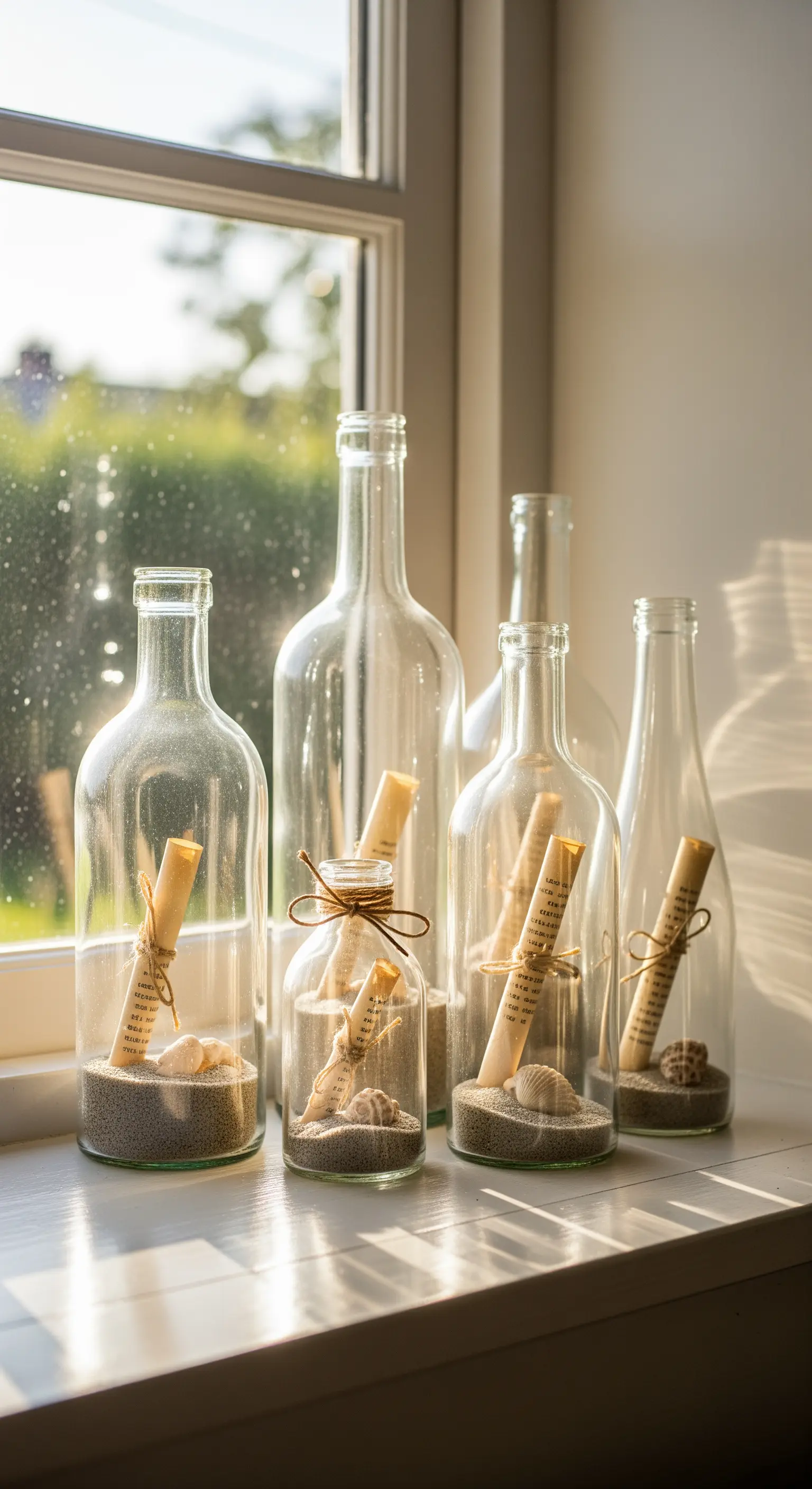 Fensterbank mit verschiedenen Glasflaschen, Sand und gerollten Botschaften