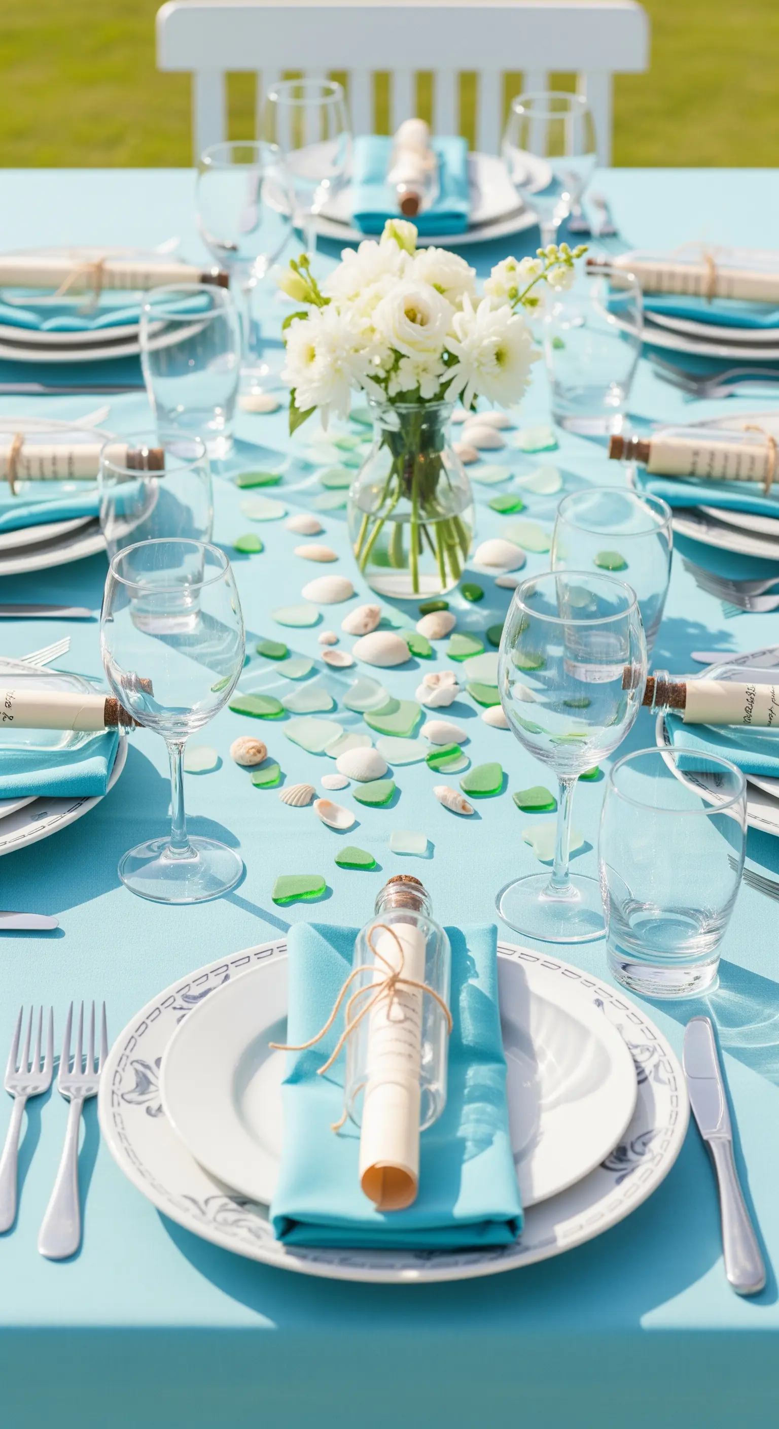 Tischdeko in Türkis und Weiß mit Meerglas und einer kleinen Flaschenpost auf dem Teller.