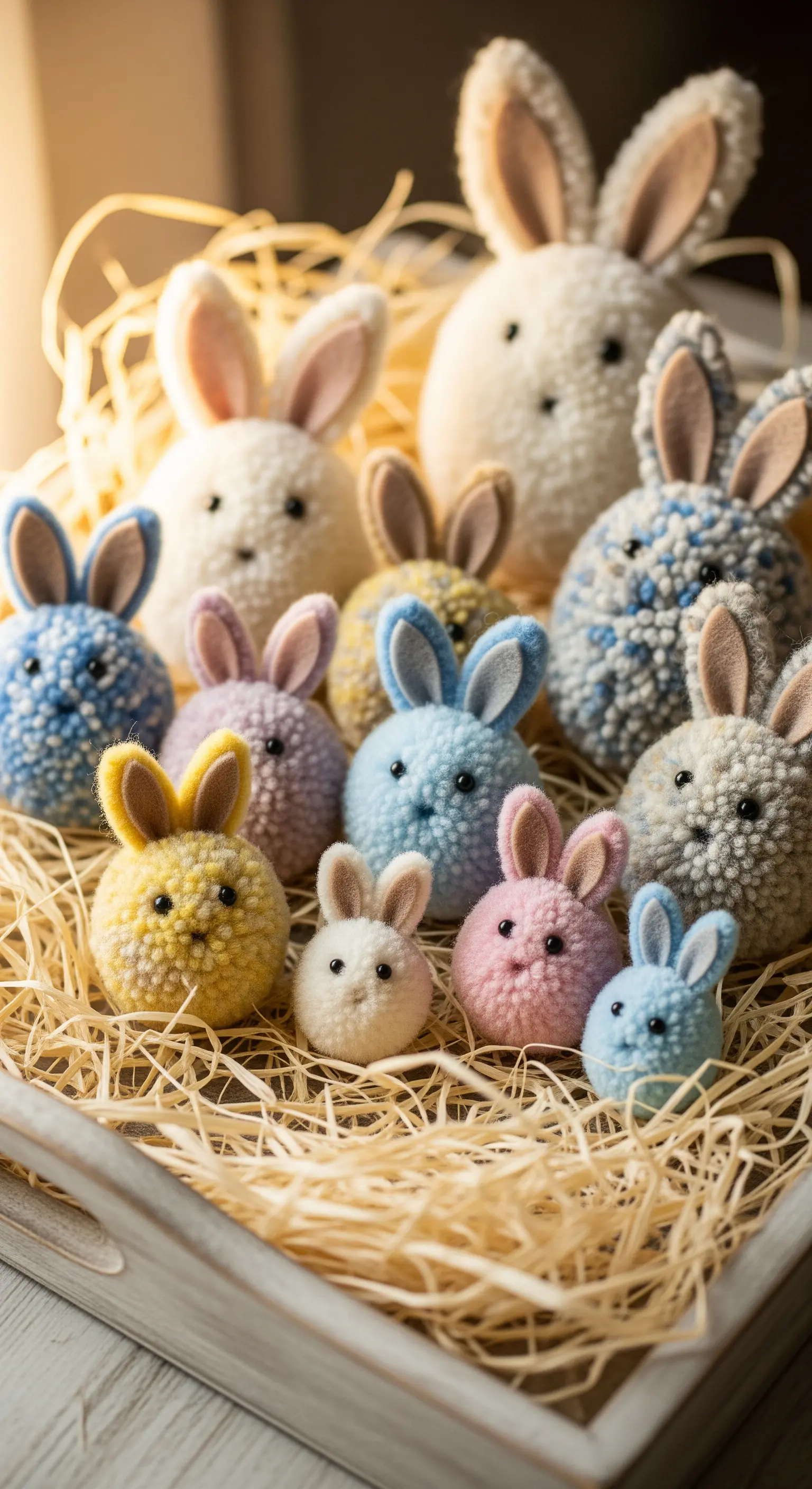 Kleine Pompon-Hasen in Pastellfarben in einer Holzkiste mit Stroh