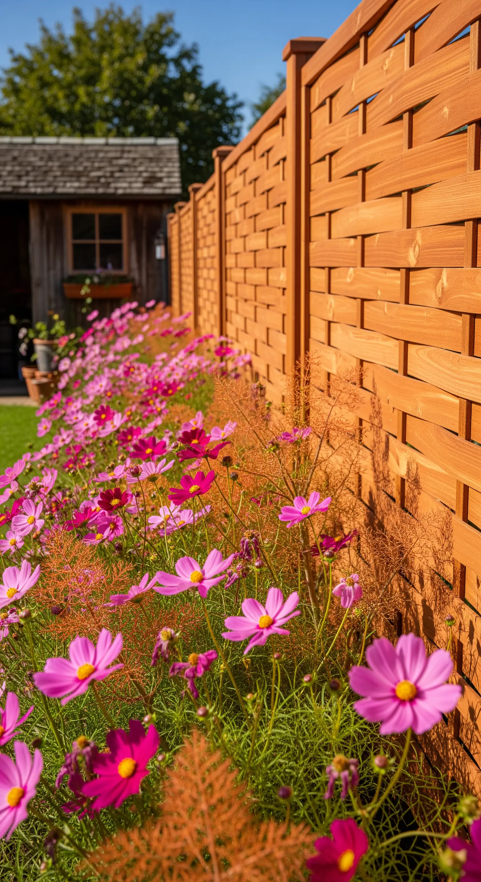 Heller Flechtzaun mit pinken Kosmeen