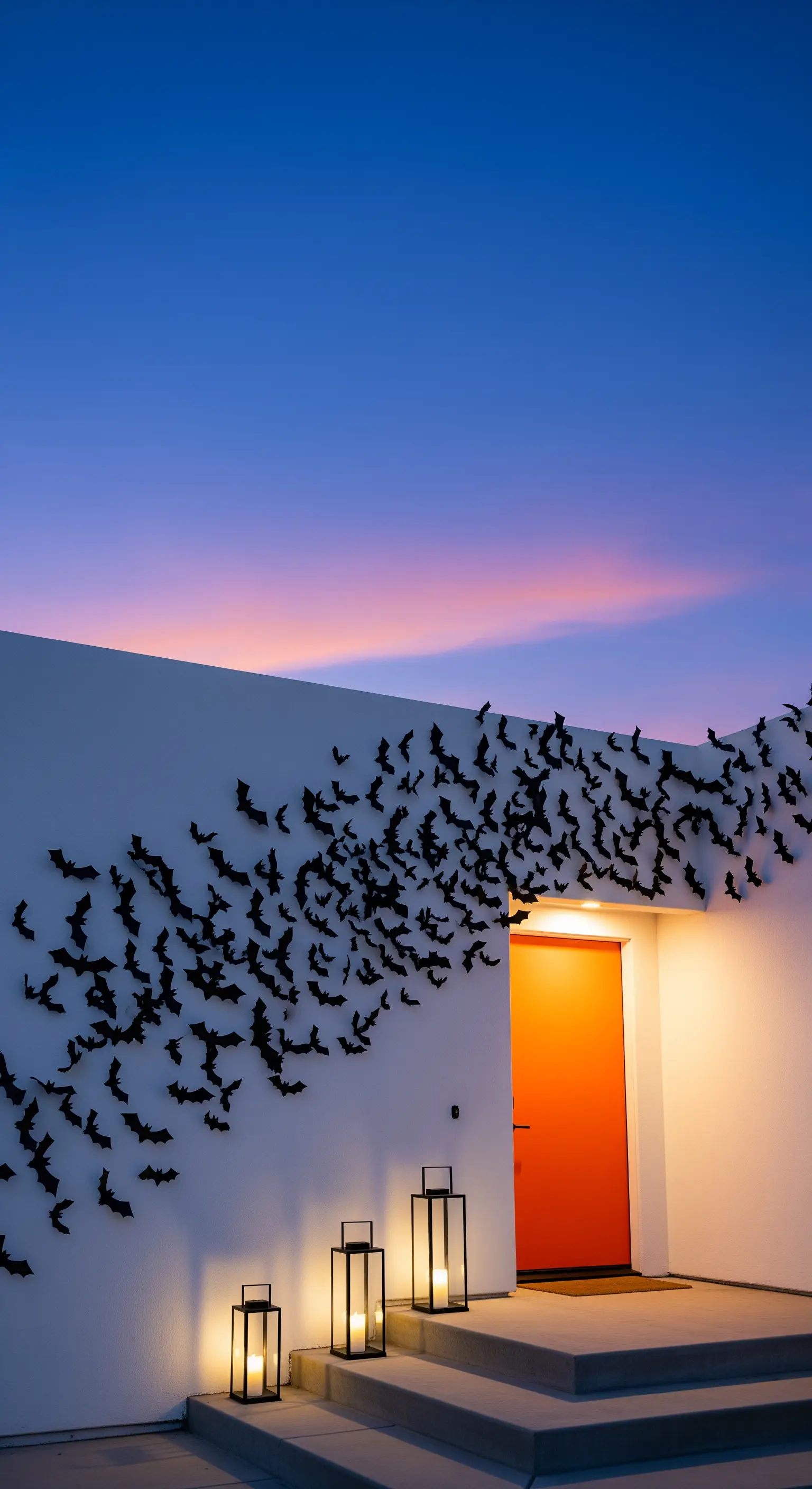 Minimalistische weiße Fassade mit schwarzem Fledermaus-Schwarm und orangefarbener Tür.