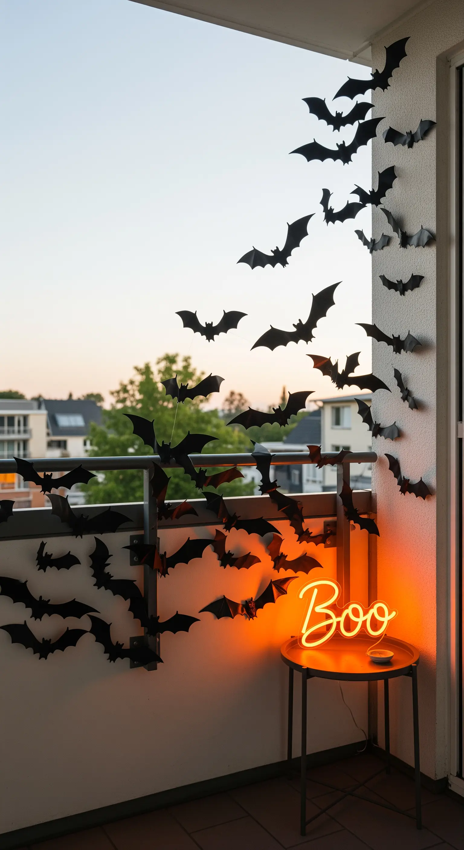 Balkondeko mit Fledermaussilhouetten an der Wand und einem leuchtenden 'Boo' Neon-Schriftzug.