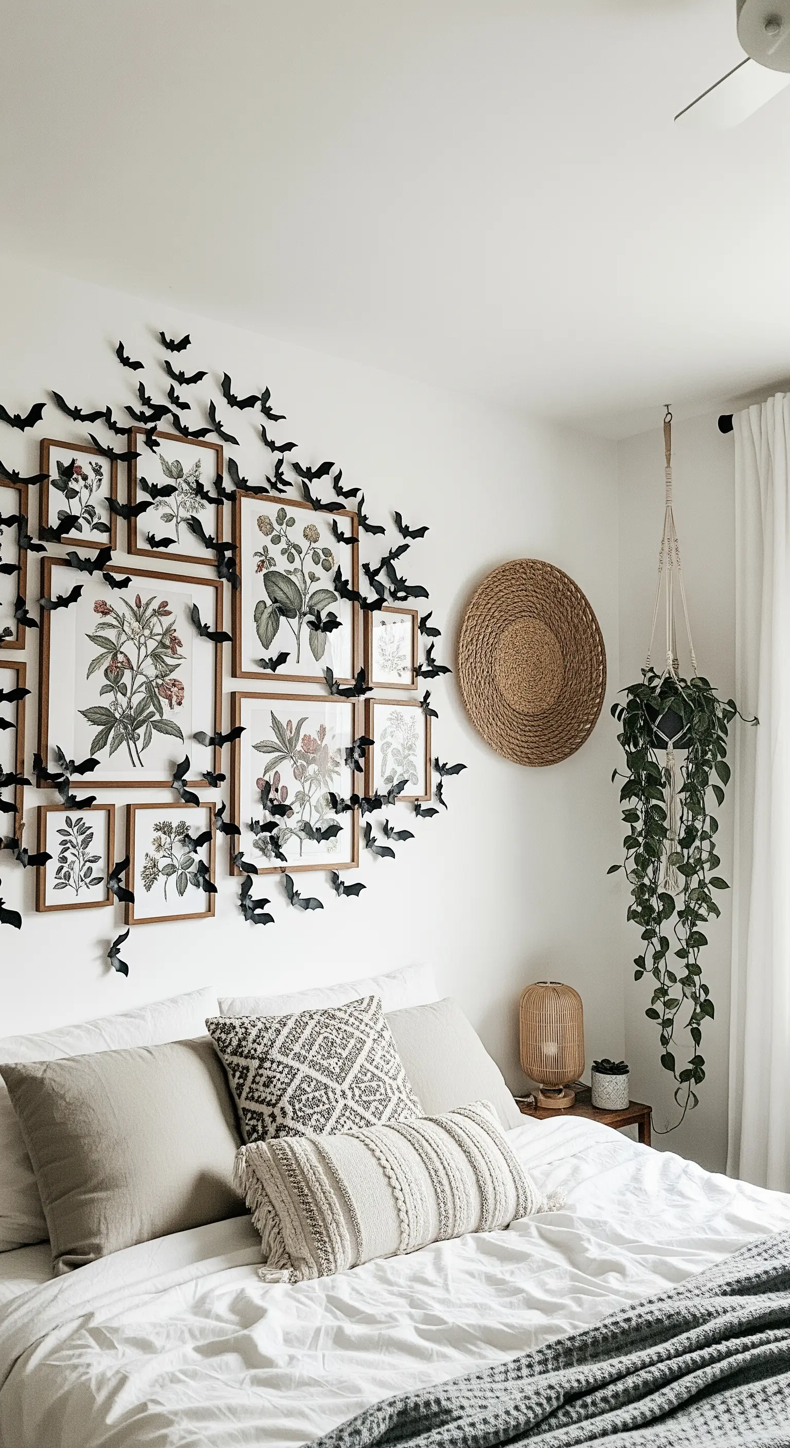 Galeriewand mit botanischen Drucken und fliegenden Fledermäusen im Boho-Schlafzimmer