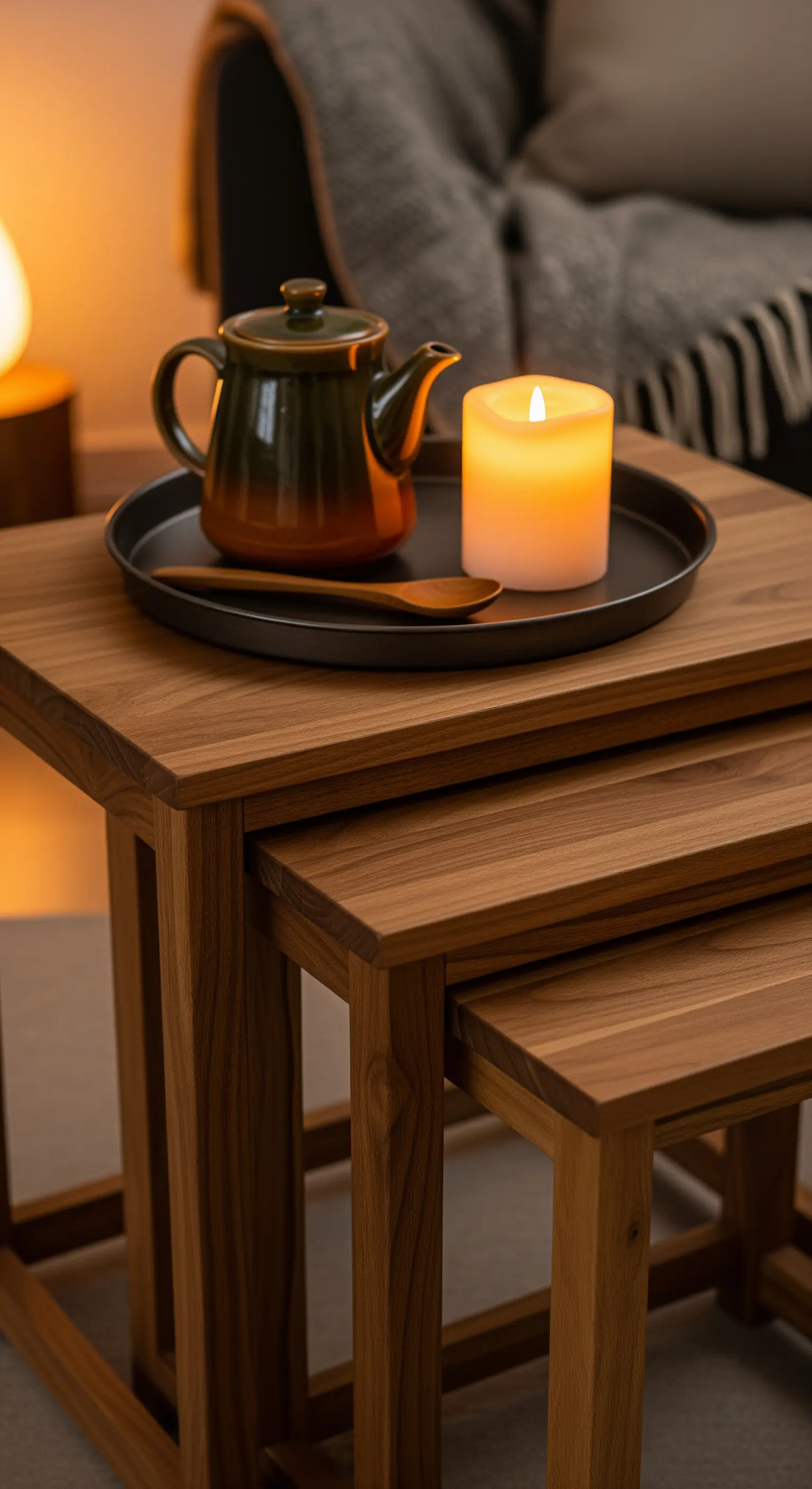 Verschachtelbare Holztische mit Teekanne, Kerze und Tablett.