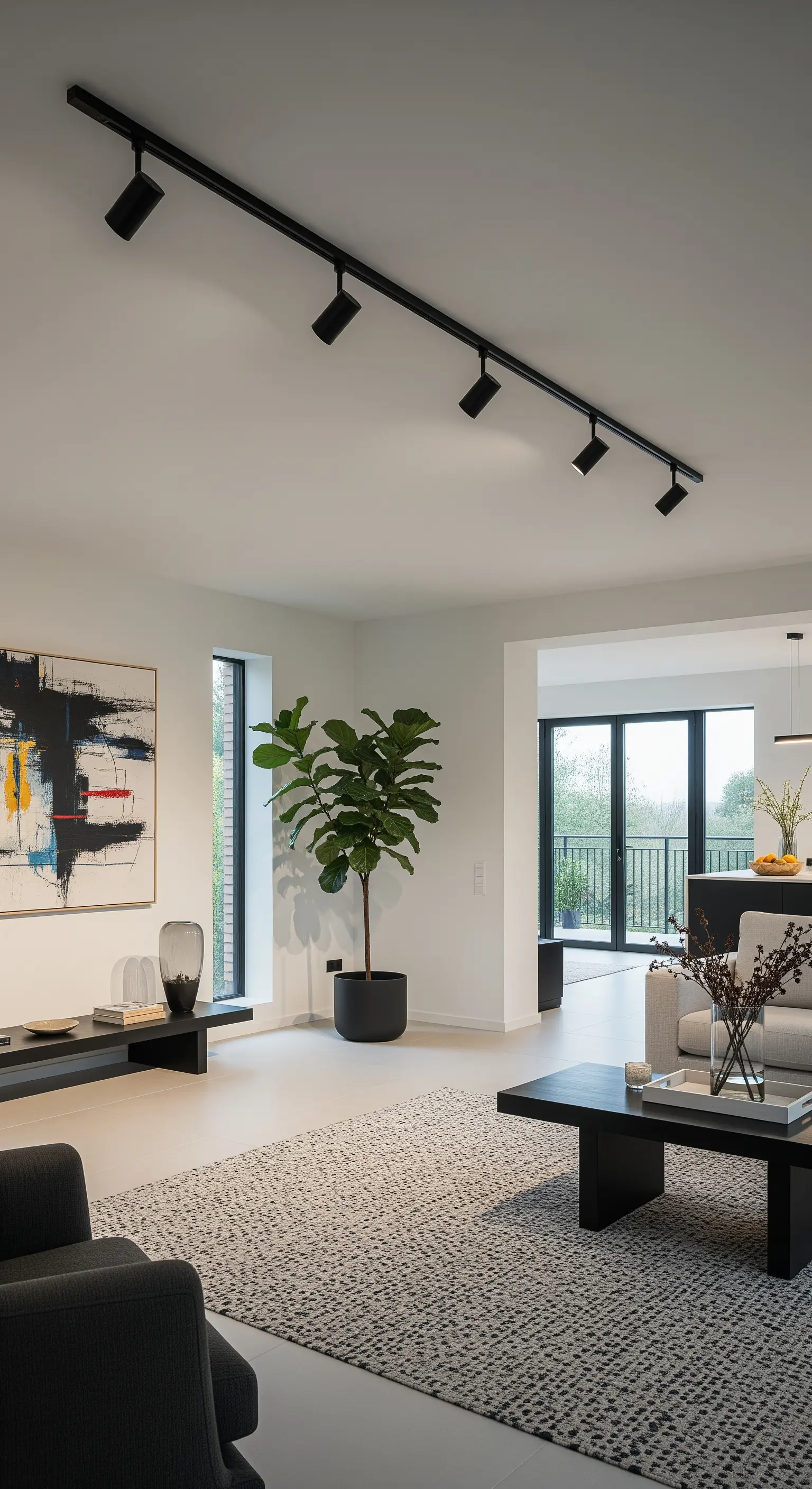 Ein schwarzes Schienensystem mit verstellbaren Spots an der Decke eines modernen Wohnzimmers.
