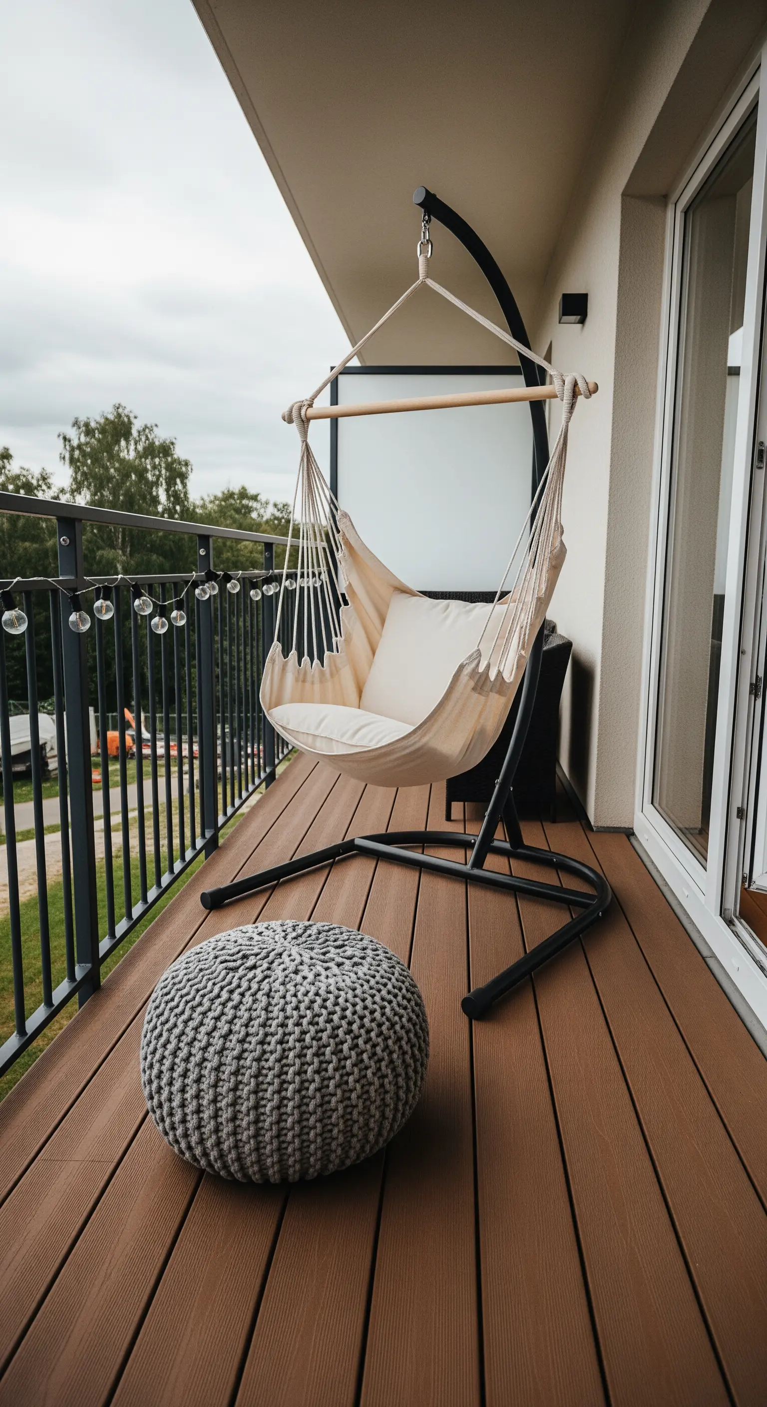 Beiger Hängesessel im Gestell mit grauem Strickpouf auf Holzboden