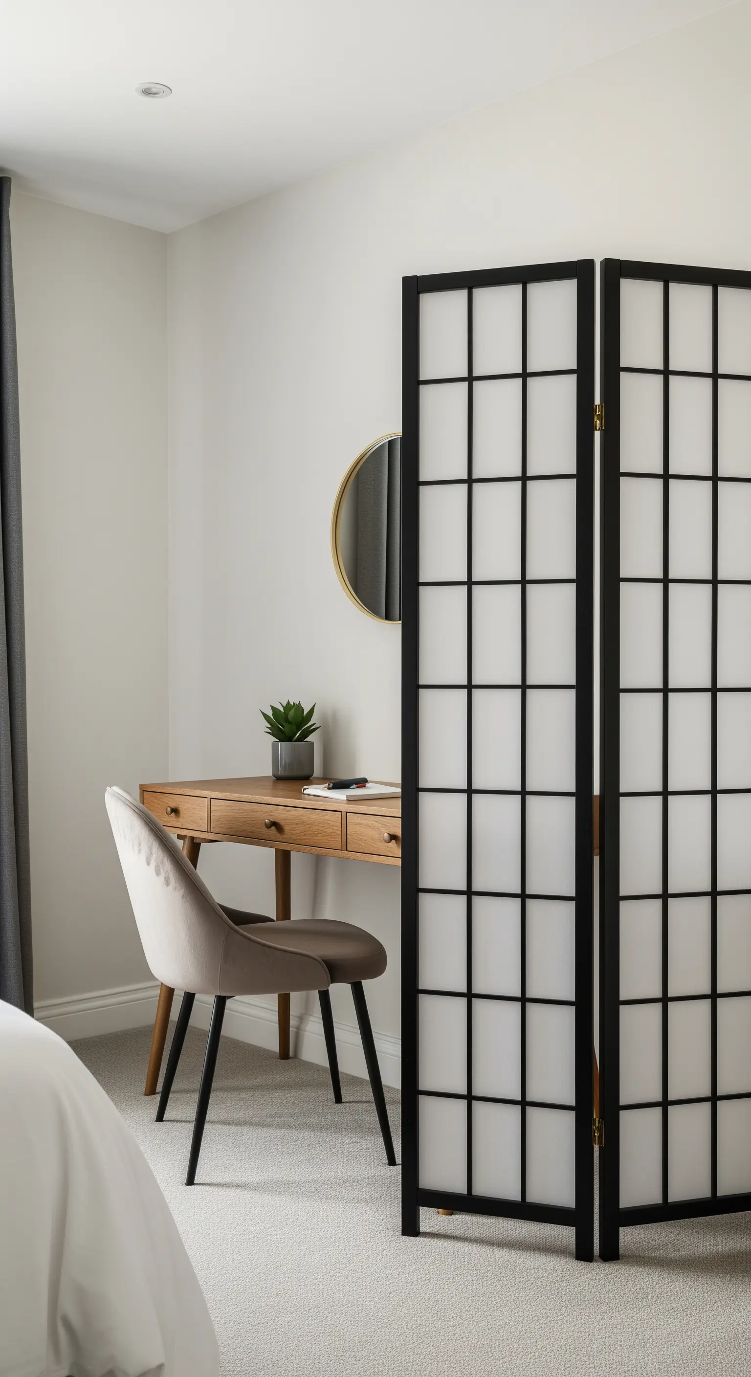 Arbeitsecke im Schlafzimmer, die durch einen eleganten japanischen Shoji-Paravent abgetrennt ist.