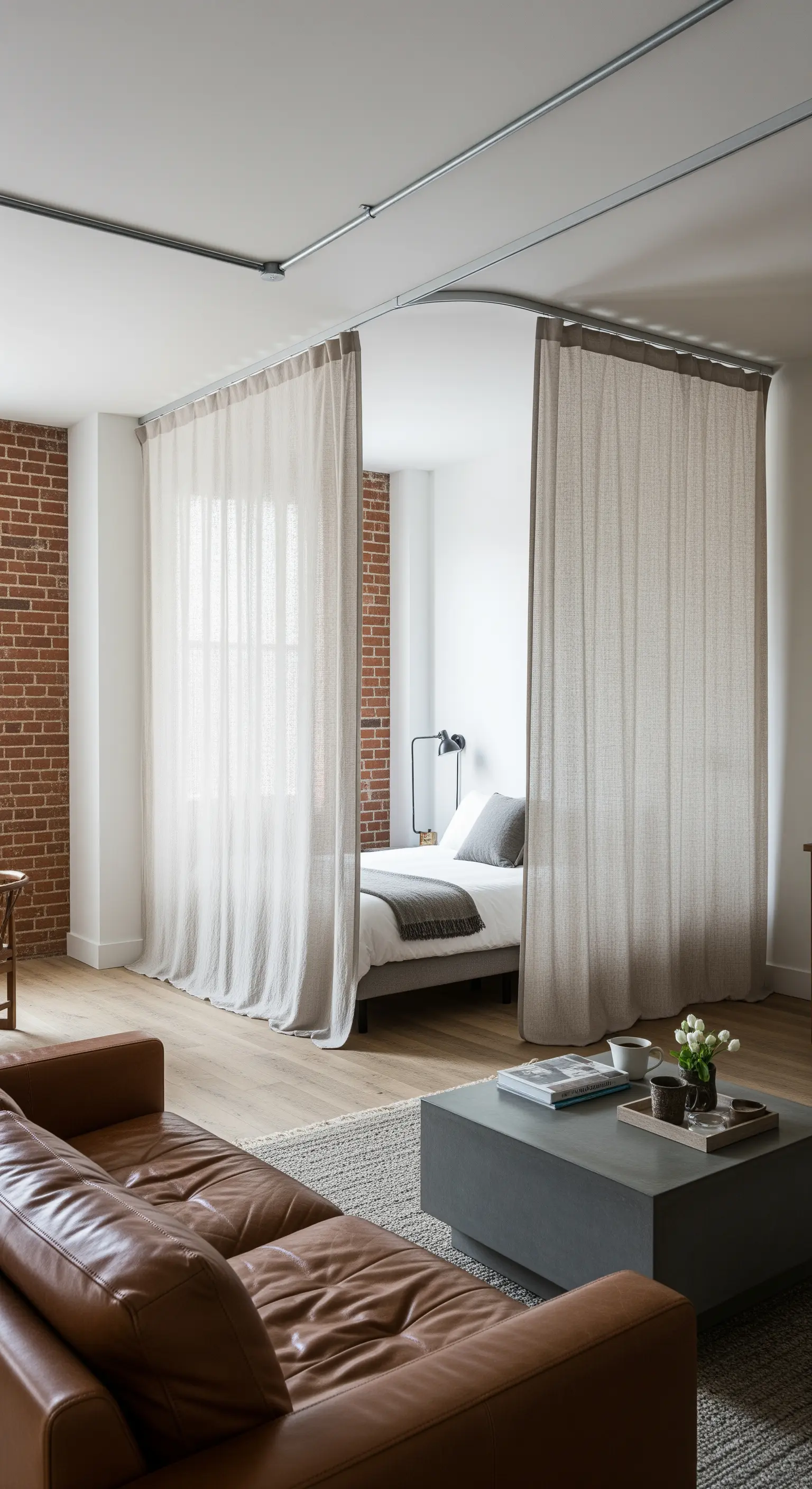 Beigefarbene Leinenvorhänge trennen den Schlafbereich vom Wohnzimmer mit Backsteinwand