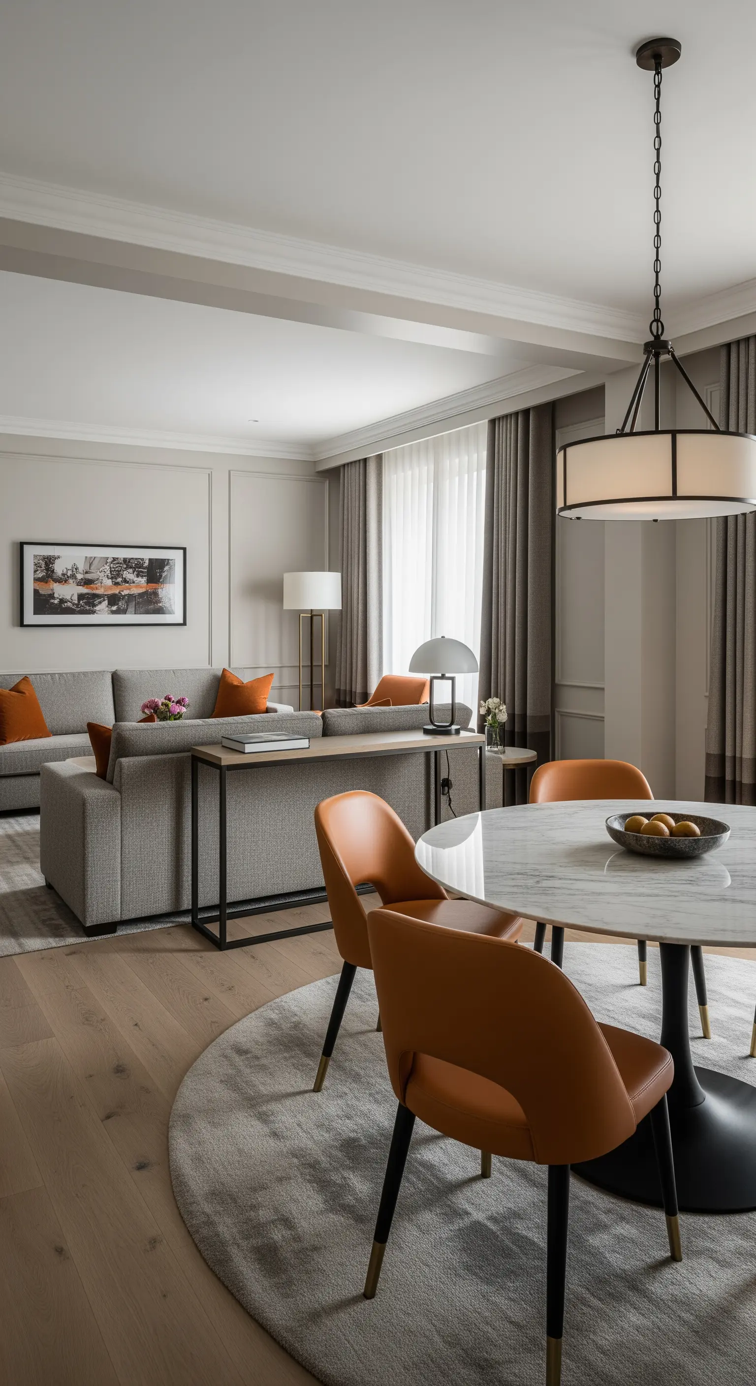 Offenes Wohn- und Esszimmer, bei dem ein Esstisch hinter dem Sofa platziert ist.