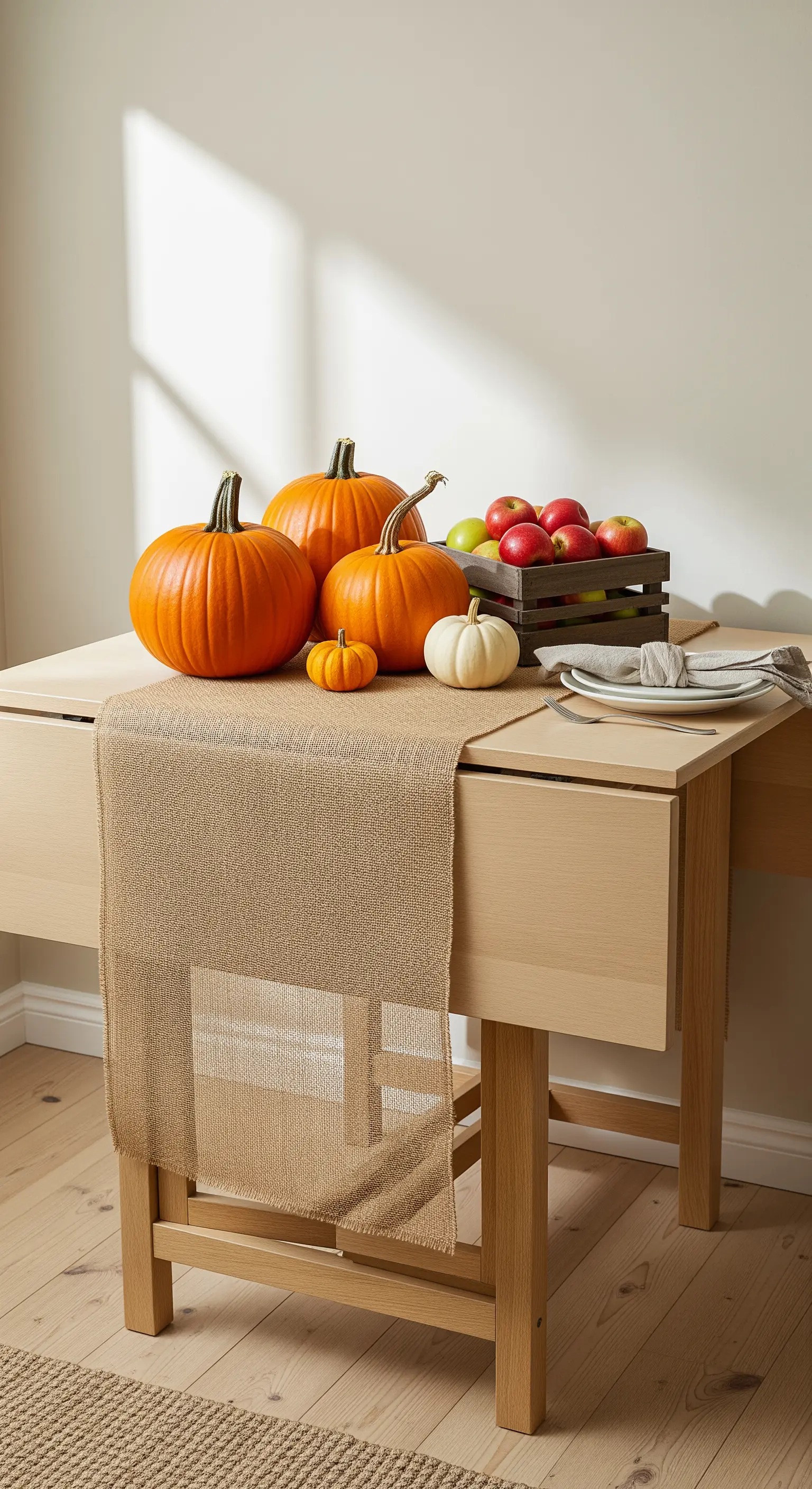 Ausklappbarer Tisch mit Juteläufer, Kürbissen, Äpfeln.