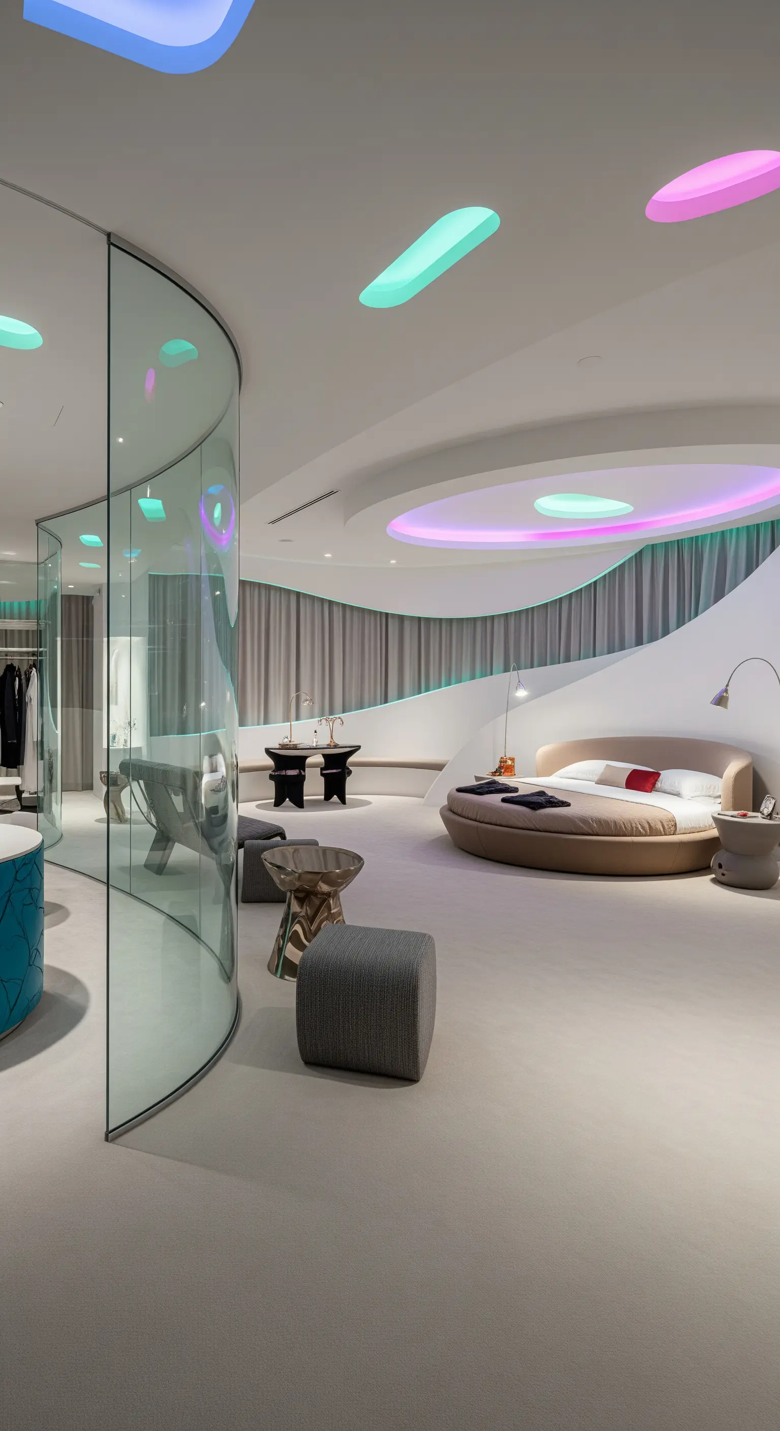 Futuristisches Schlafzimmer mit einem runden Bett und einer geschwungenen Glaswand für die Ankleide.