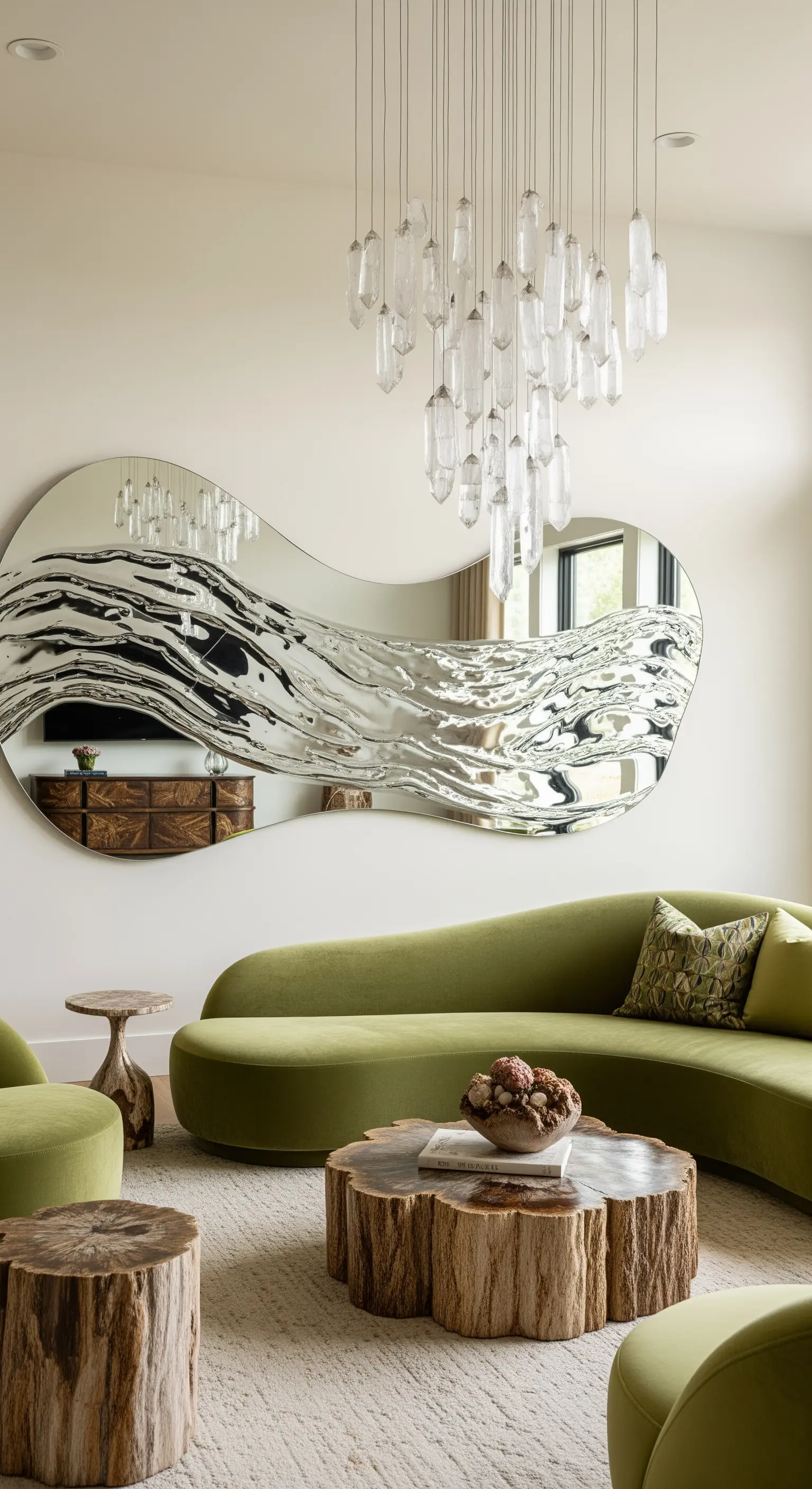 Geschwungenes grünes Sofa vor einem großen, organisch geformten Spiegel an der Wand.