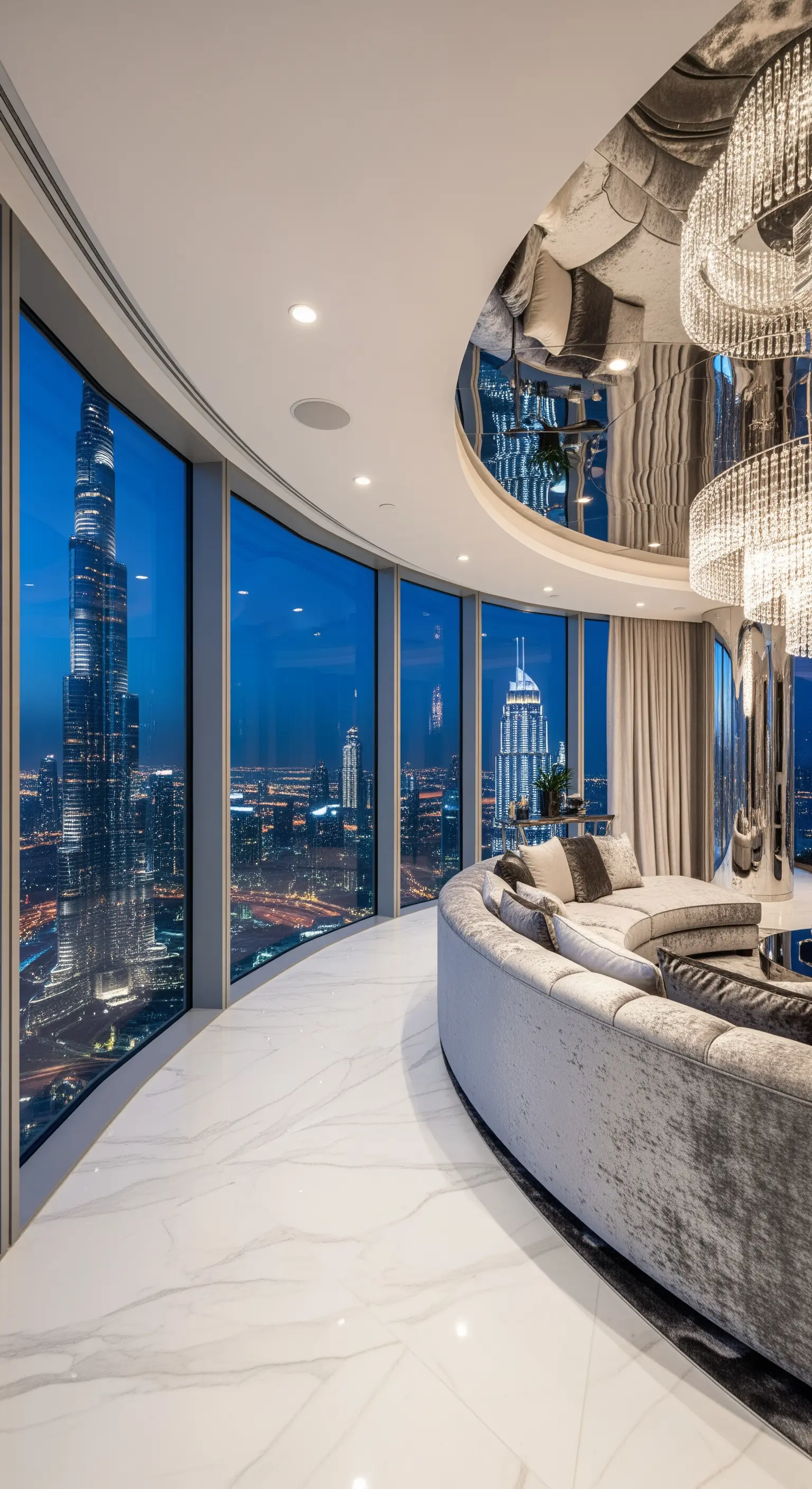 Luxuriöses Penthouse mit gebogener Fensterfront, geschwungenem Sofa und Blick auf den Burj Khalifa.