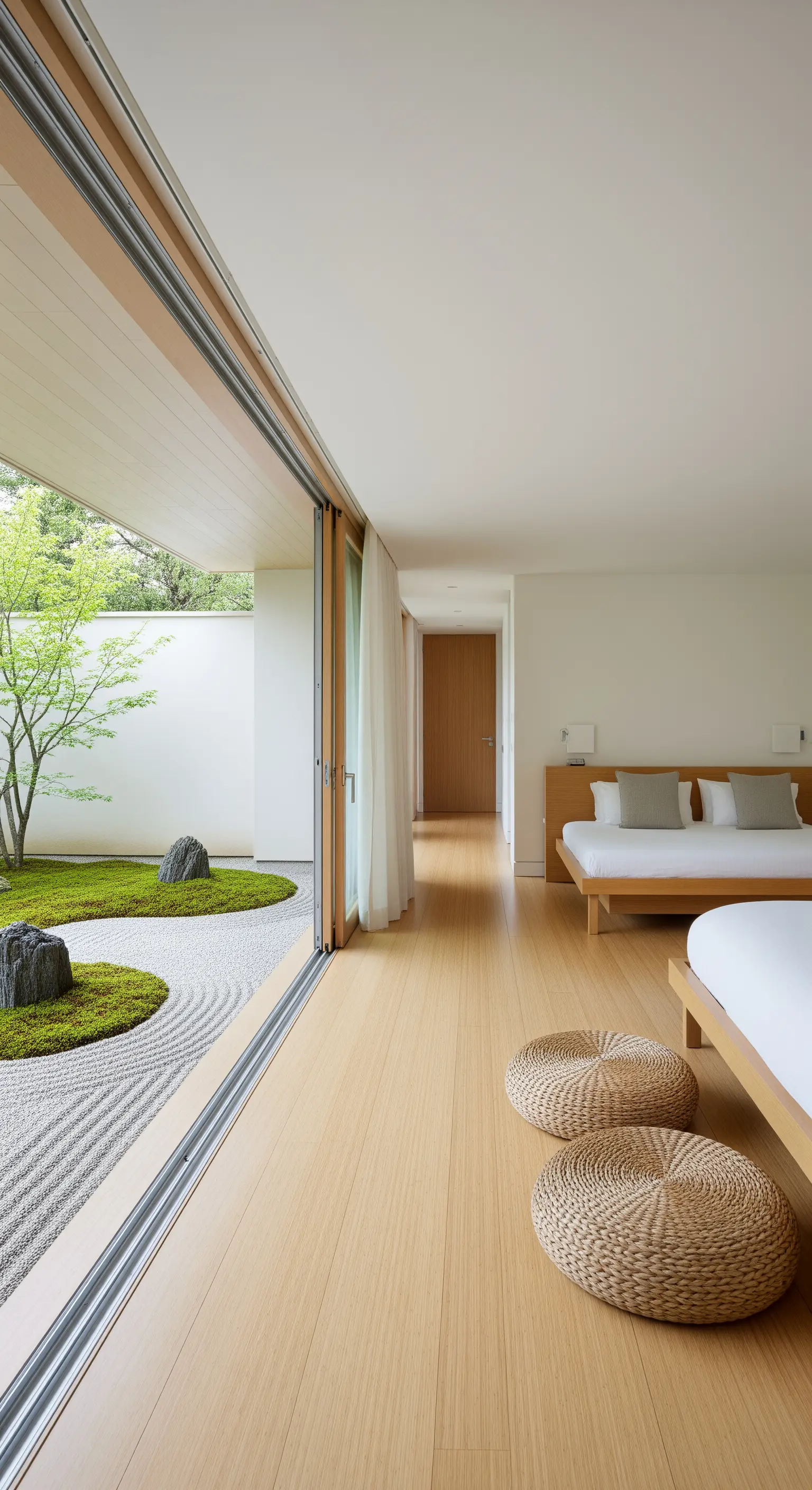 Schlafzimmer mit Schiebetüren zu einem japanischen Zen-Garten und niedrigen Betten.
