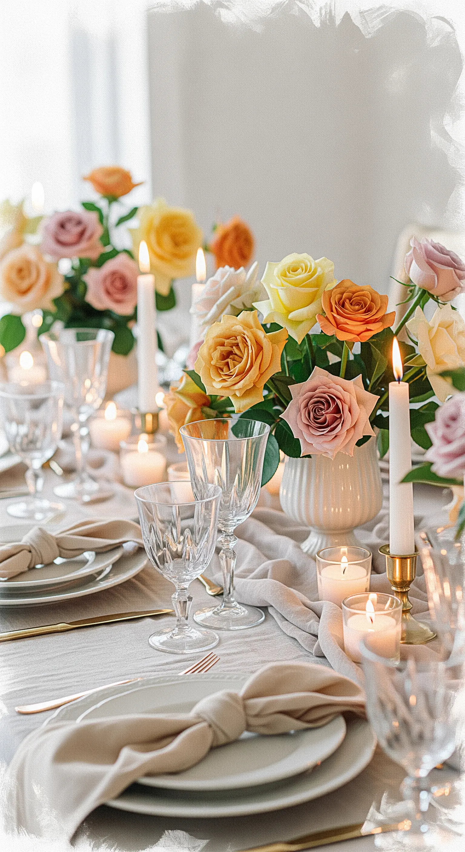 Verträumte Tischdeko mit Leinenläufer, Kristallgläsern und Rosen in Herbstfarben.