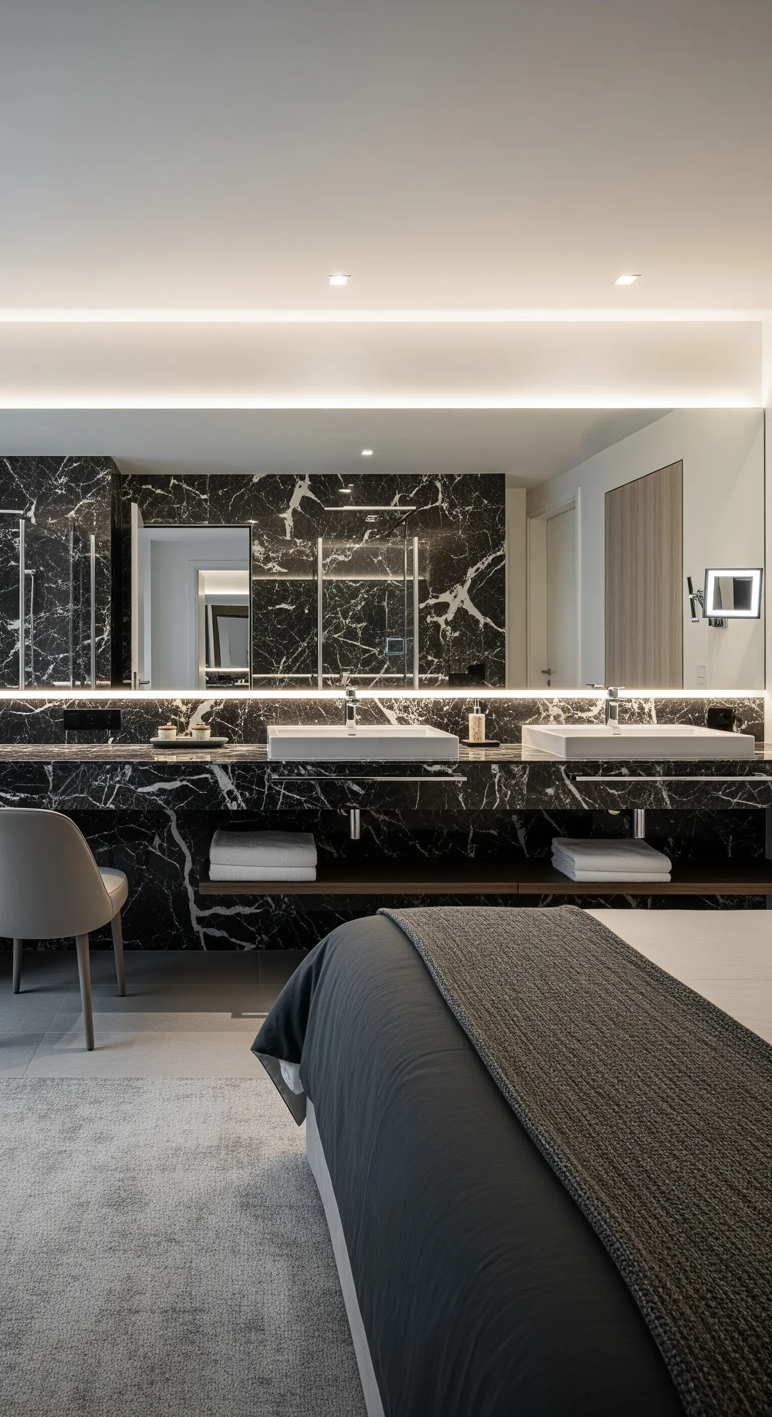 Offenes Badezimmer in einem Schlafzimmer mit einem langen Waschtisch aus schwarzem Marmor.