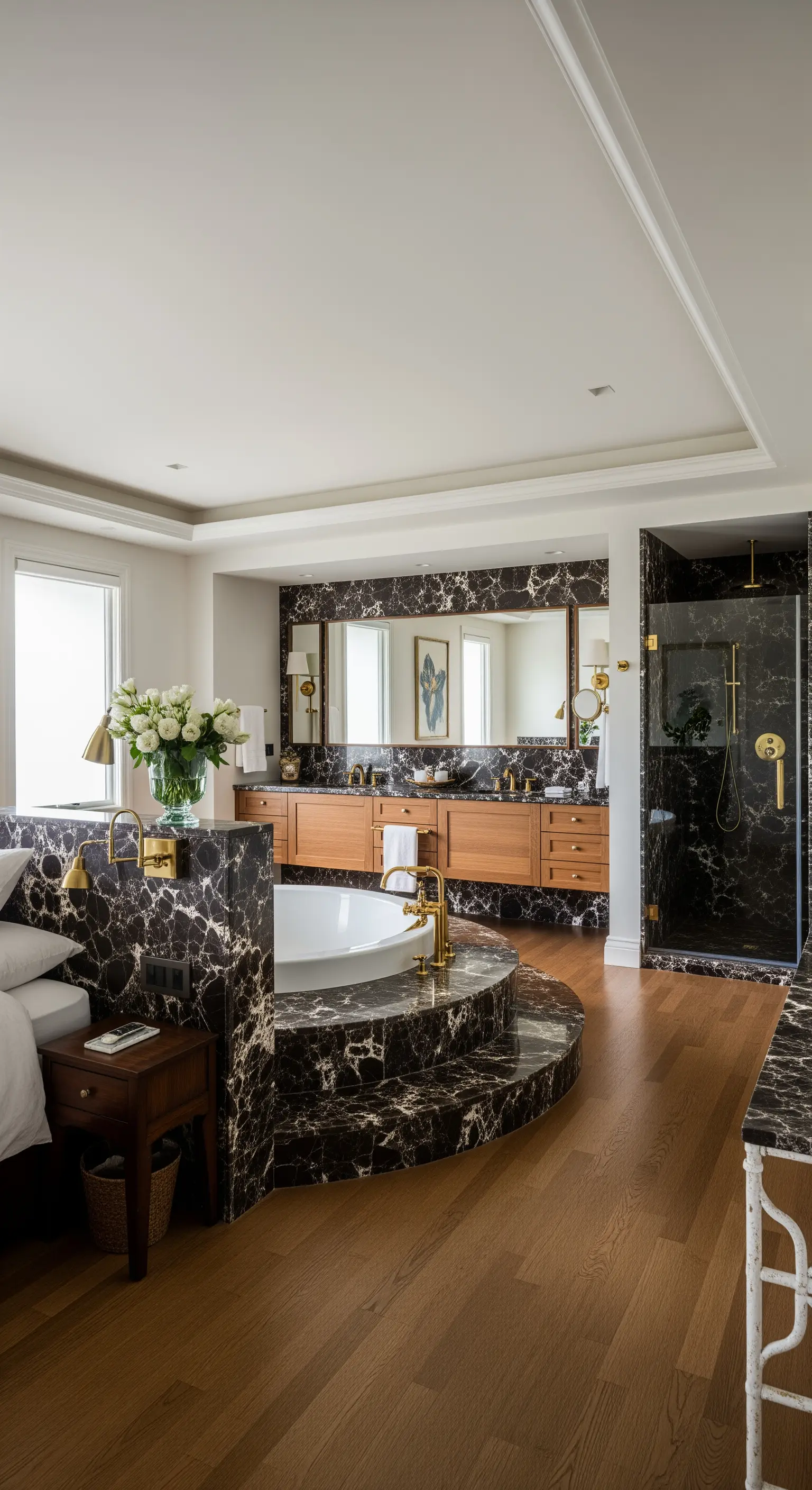 Offenes Schlafzimmer mit integriertem Bad, getrennt durch eine runde Marmor-Badewanne.