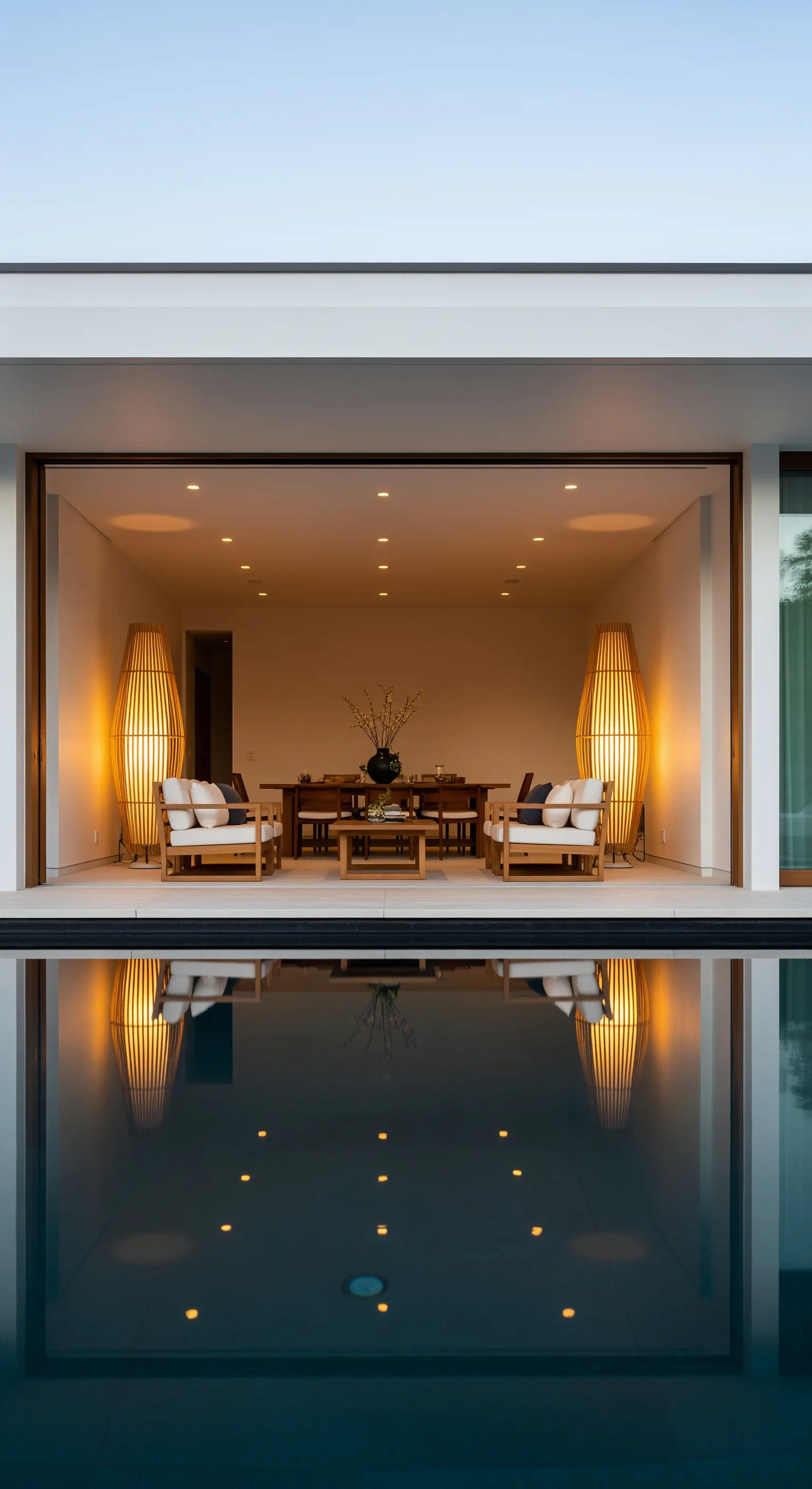 Innen-/Außenbereich mit hohen Holzlampen und Pool