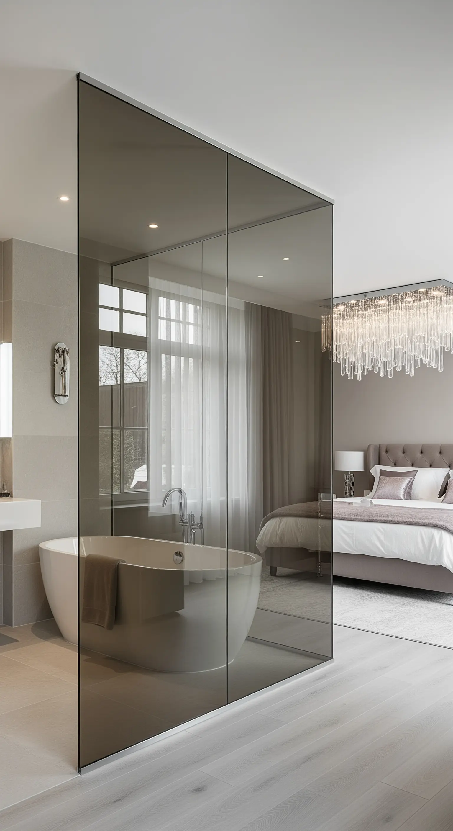 Offenes Schlafzimmer mit Badezimmer, getrennt durch eine große Trennwand aus Rauchglas.