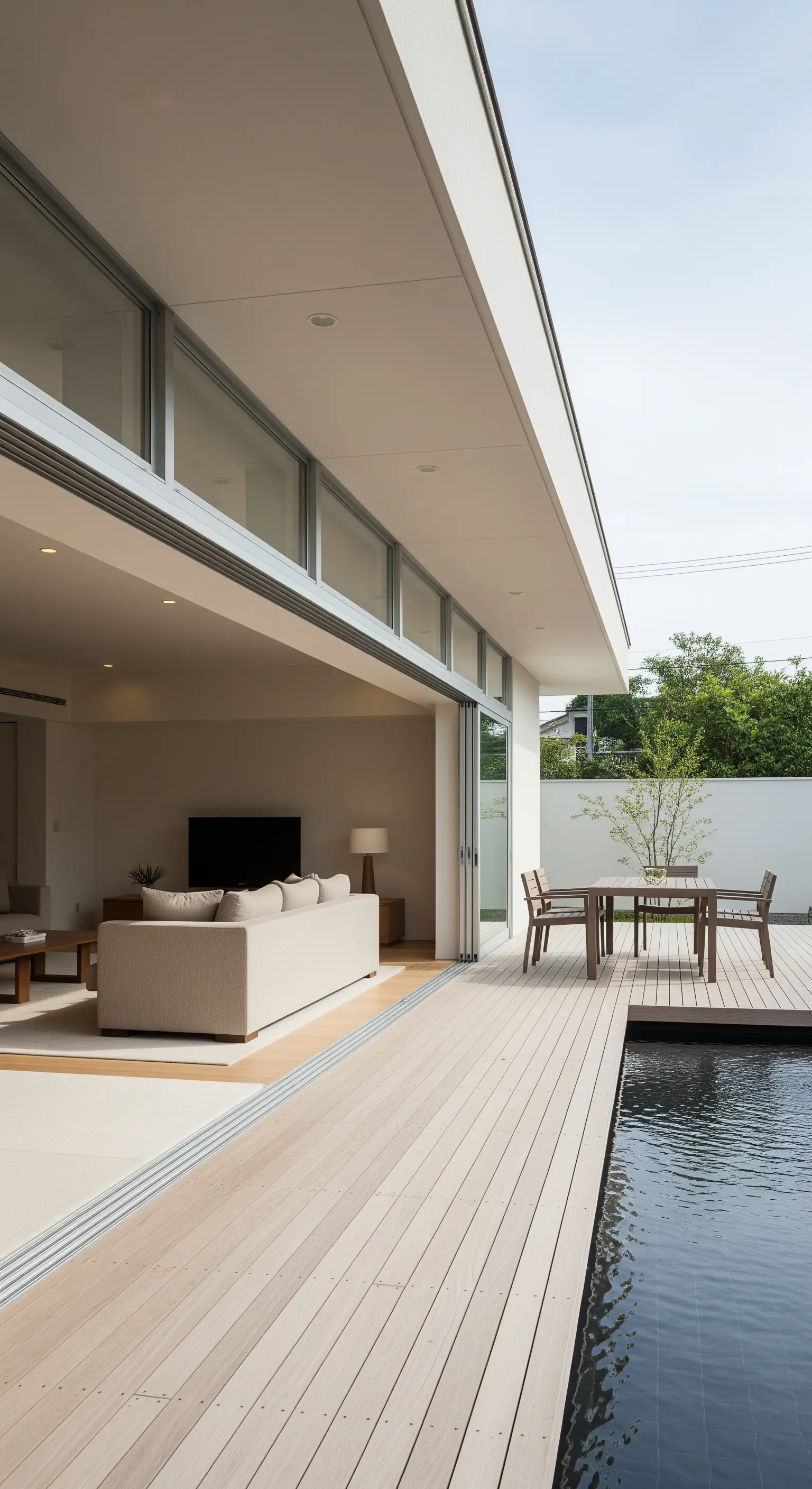 Offener Wohnbereich, der nahtlos in eine Holzterrasse mit angrenzendem Wasserbecken übergeht.