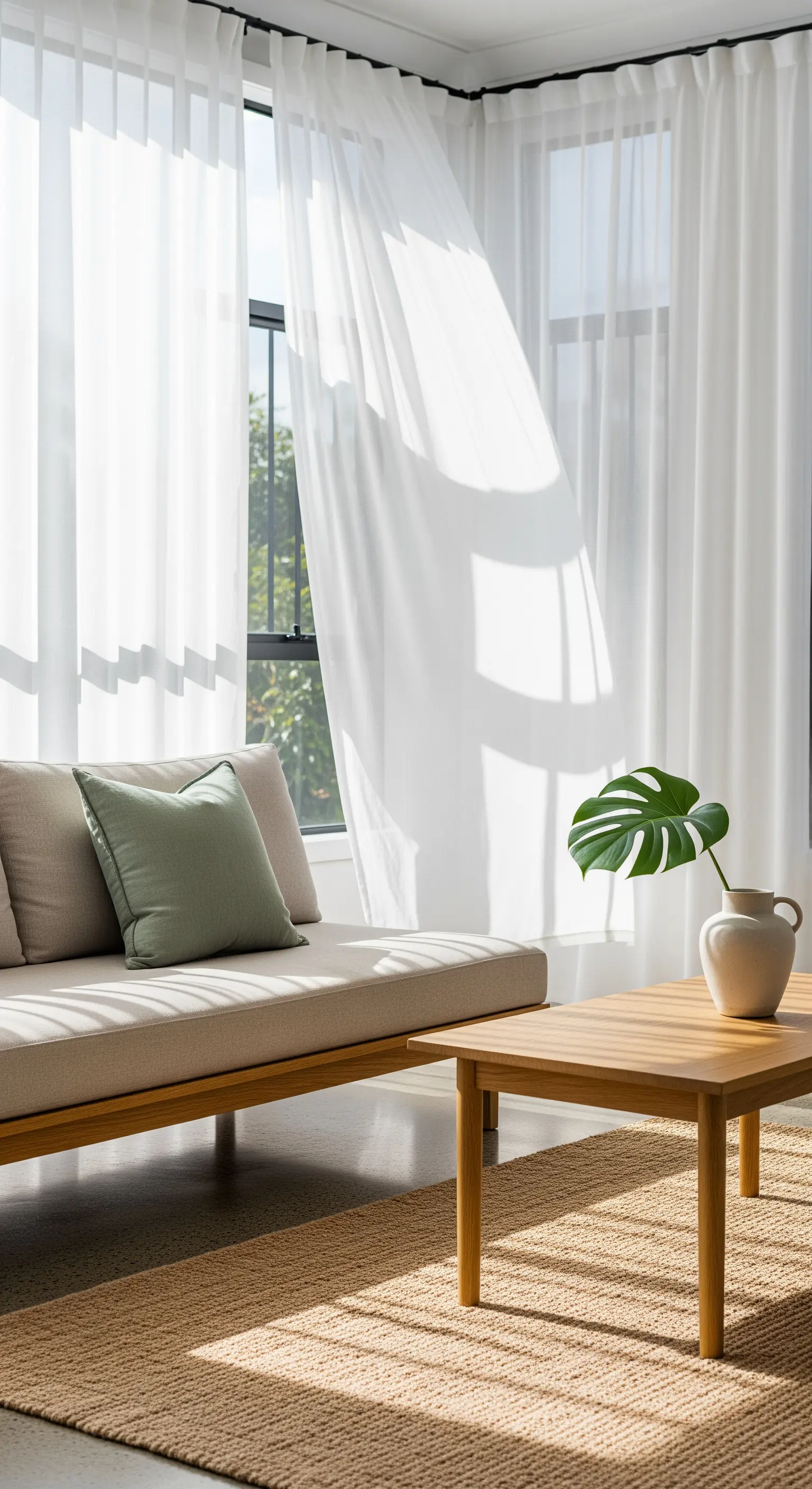Helle Wohnzimmerdeko mit wehenden weißen Vorhängen und beigem Sofa.