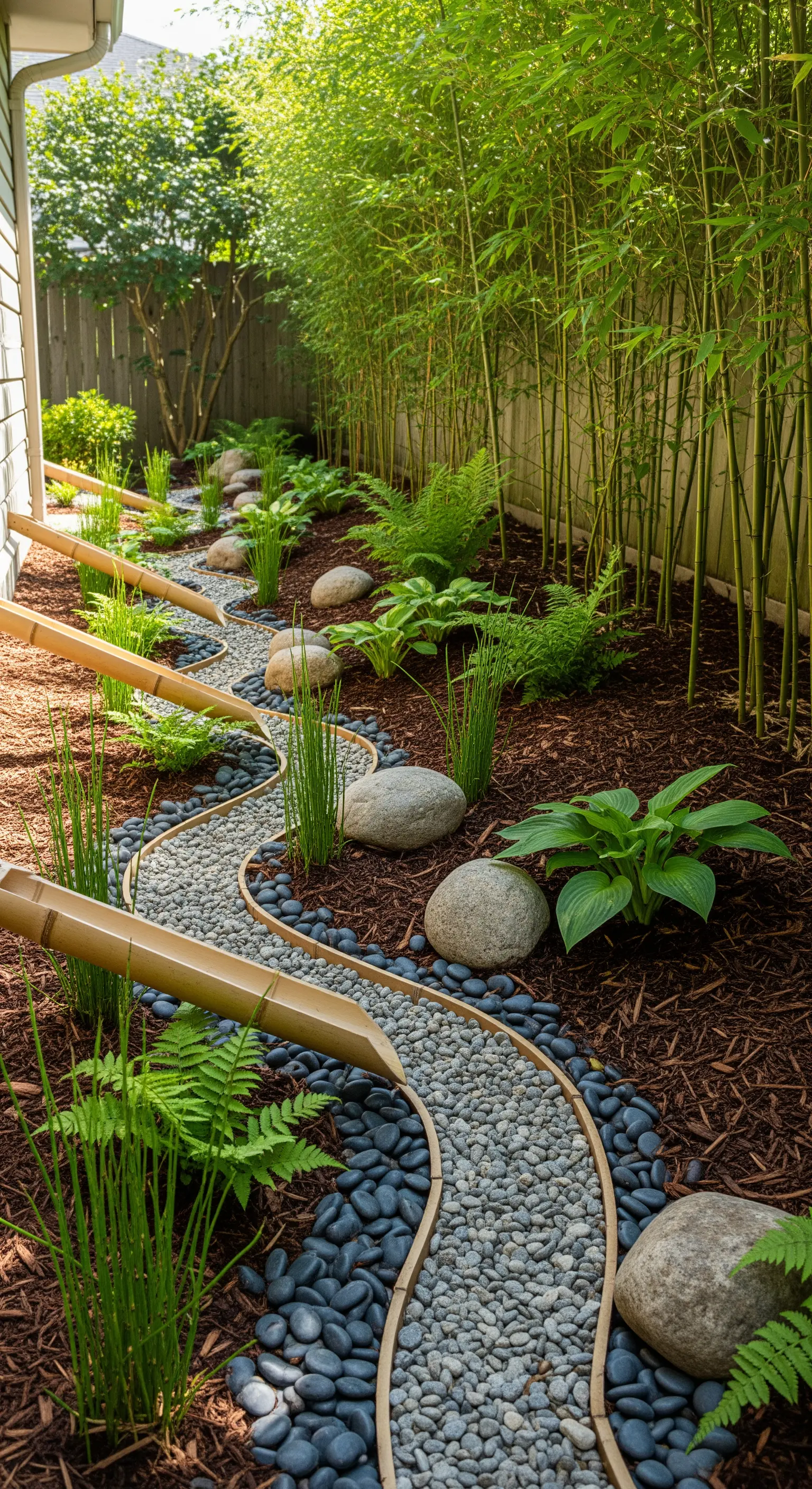 Geschwungener Kieselpfad mit Bambusrohren und üppigen Gräsern