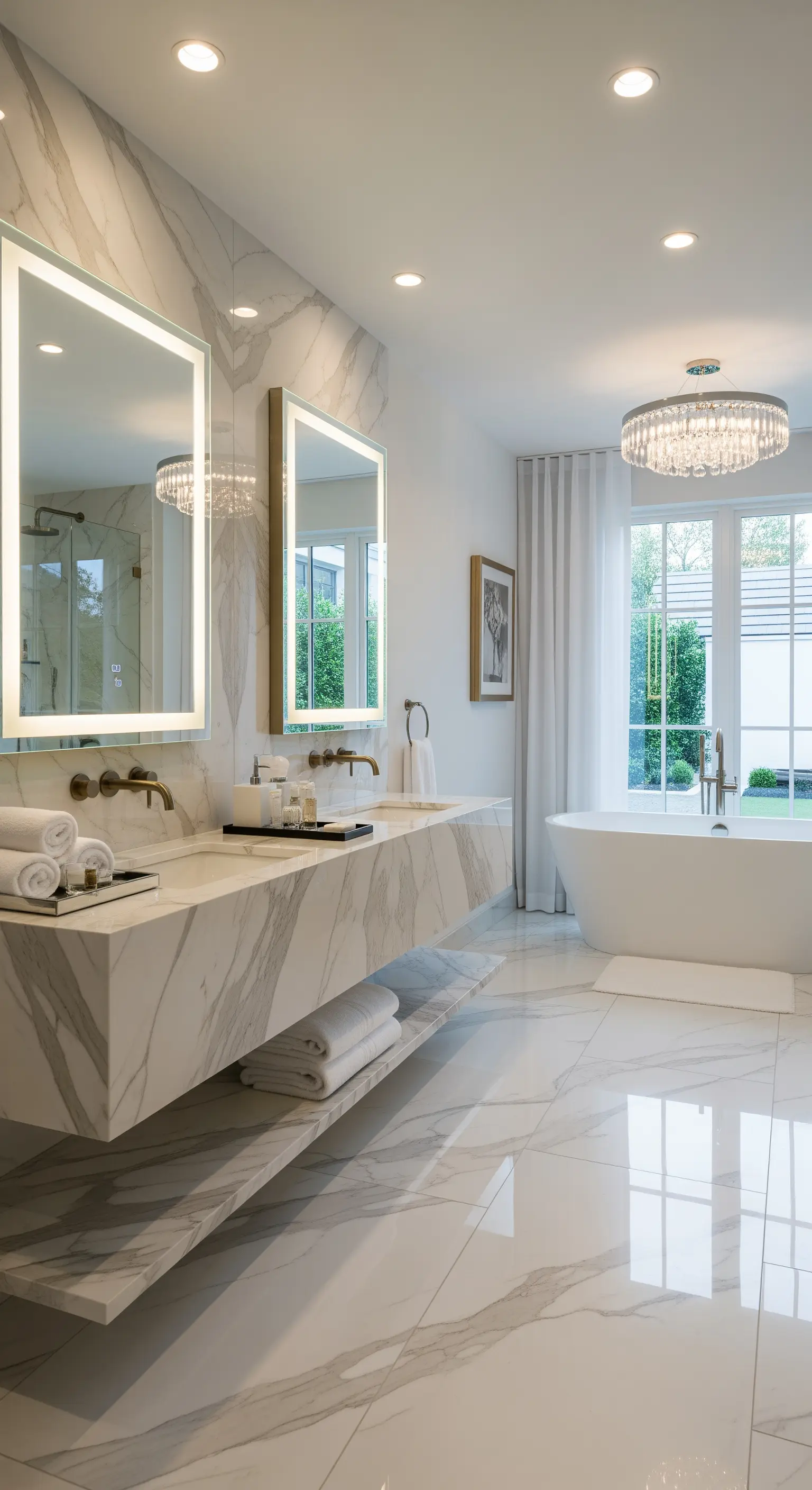 Doppelwaschtisch aus Marmor mit hinterleuchteten Spiegeln und Kronleuchter.