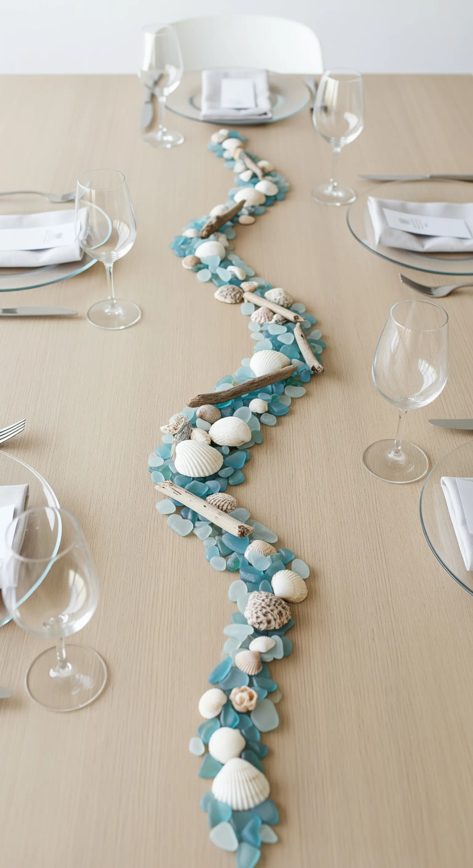 Ein geschwungener Tischläufer aus blauem Meerglas, Muscheln und Treibholz.