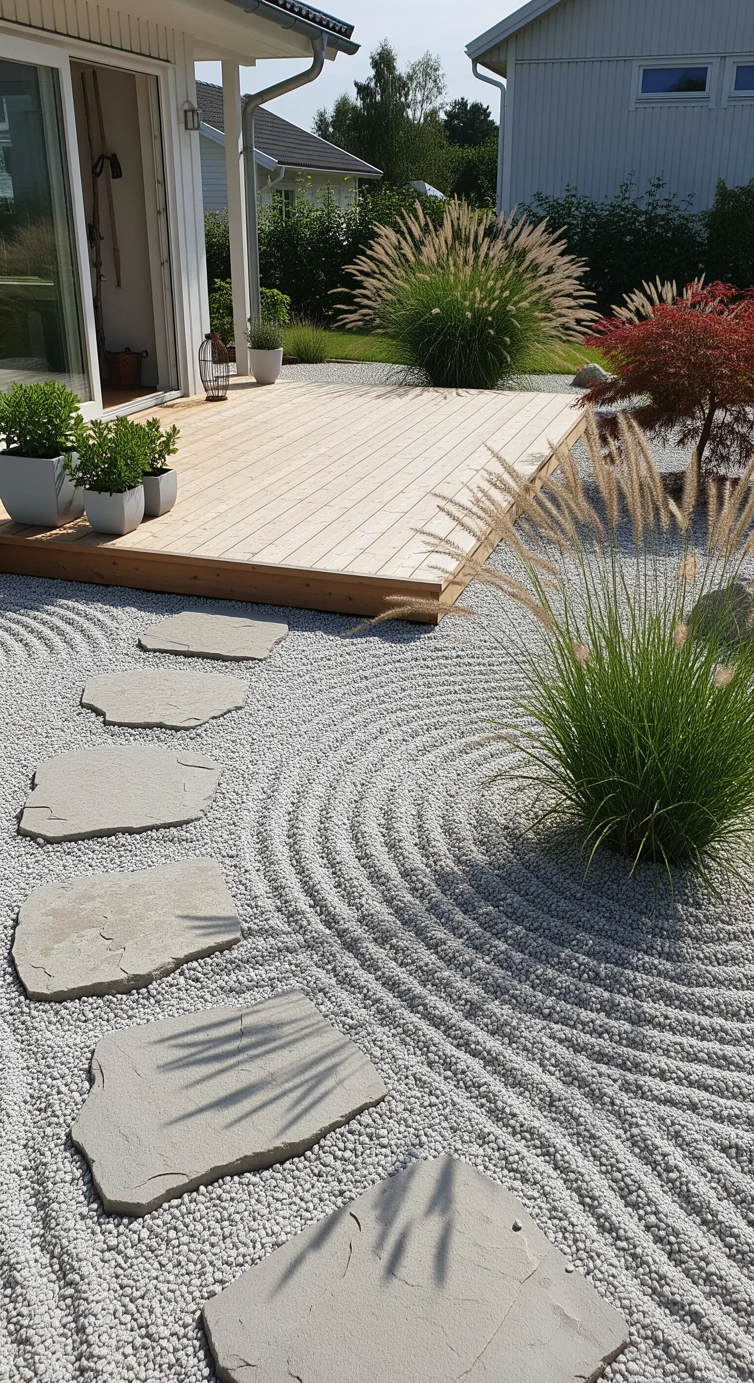 Japandi Terrasse mit Holzdeck, geharktem Kies und Ziergras