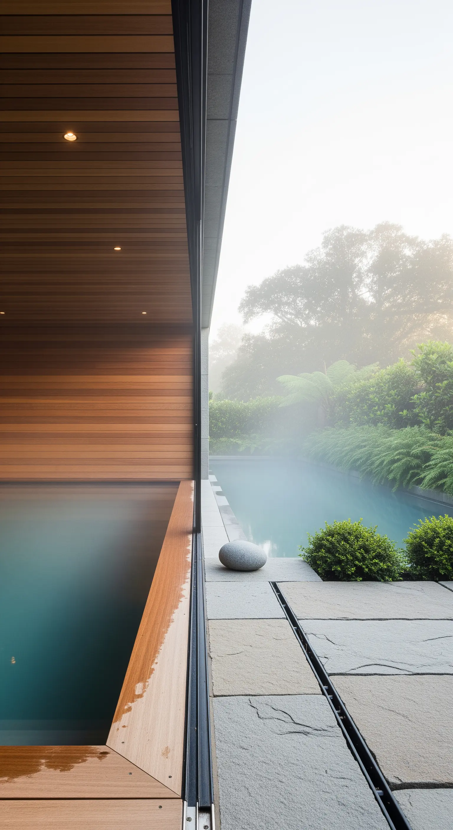 Innen- und Außenpoolbereich mit Glasschiebetür, Holzlamellen und nebeligem Garten