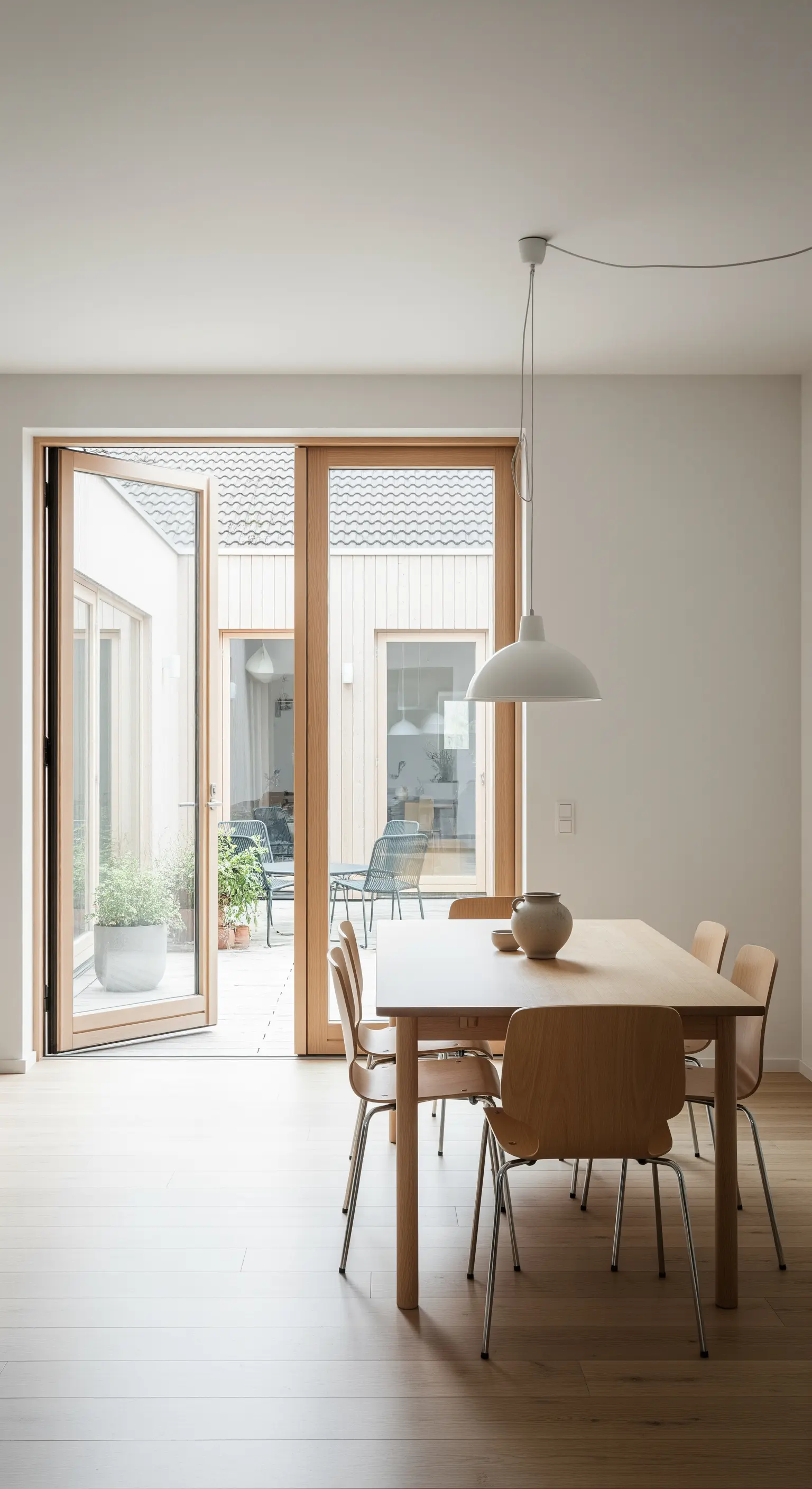 Heller Essbereich mit Holztisch und großen Glastüren, die zu einem Innenhof führen.