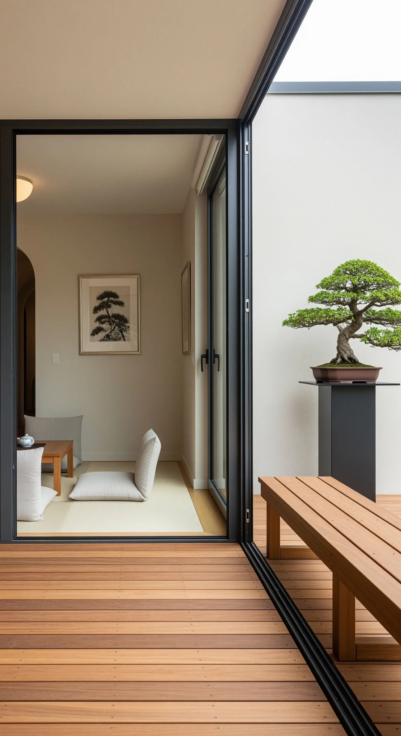 Nahtloser Übergang von Tatami-Raum zu Holzterrasse mit Bonsai-Baum