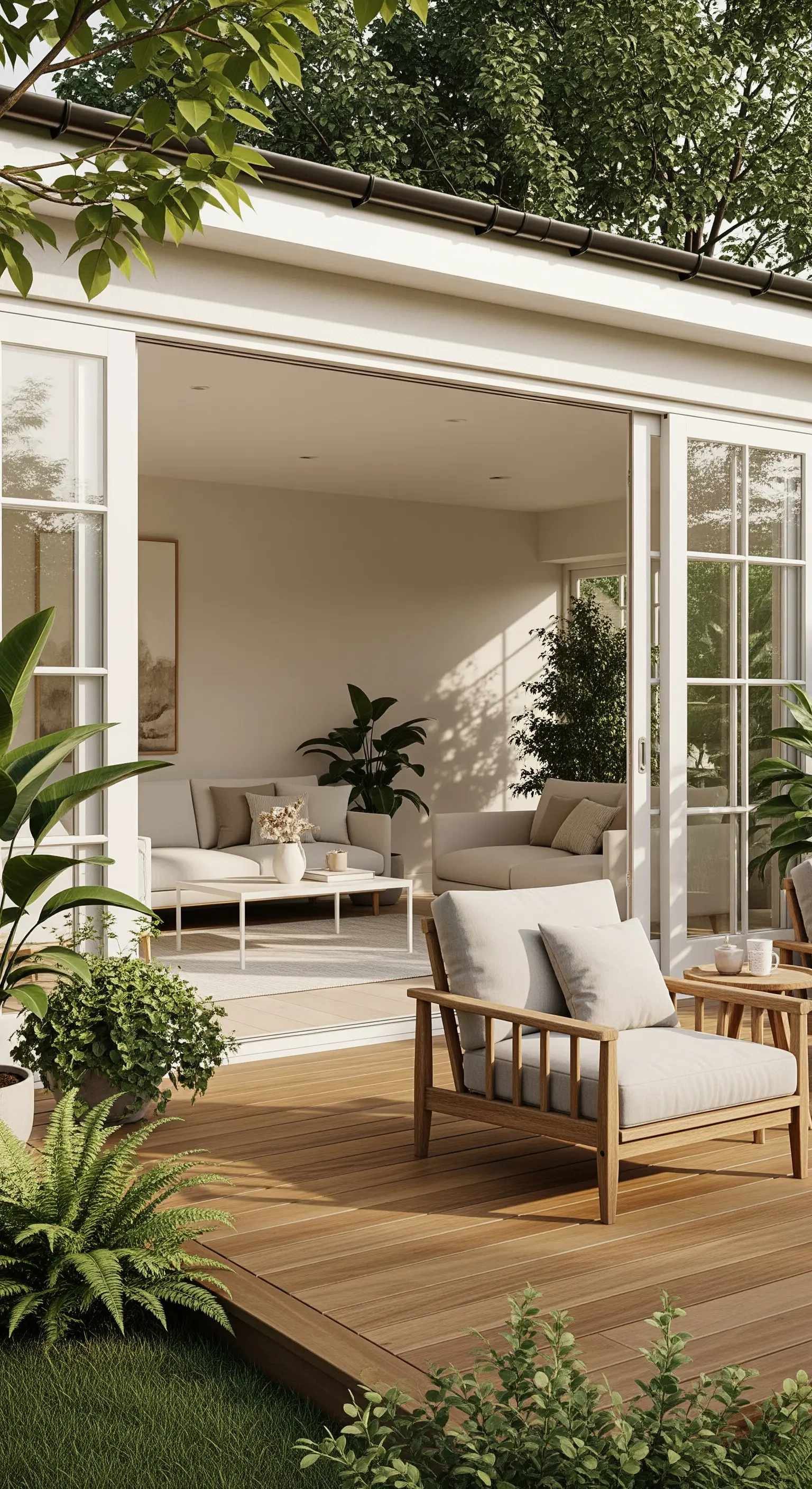 Nahtloser Übergang von Japandi-Wohnzimmer zu Holzterrasse mit Pflanzen.
