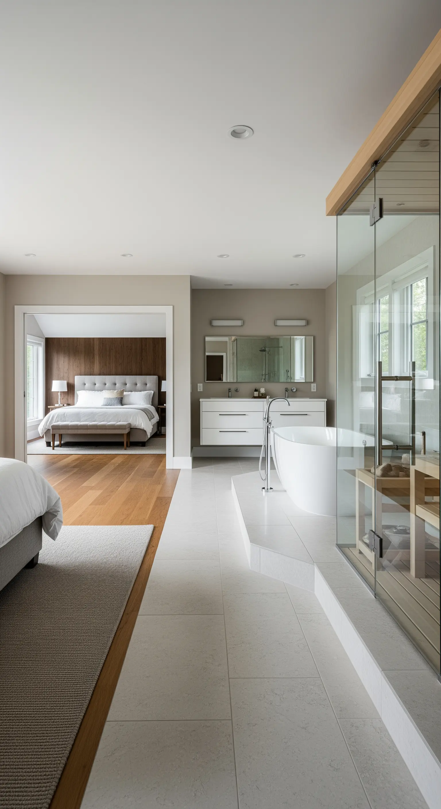 Offenes Badezimmer mit Sauna, das an ein Schlafzimmer angrenzt.