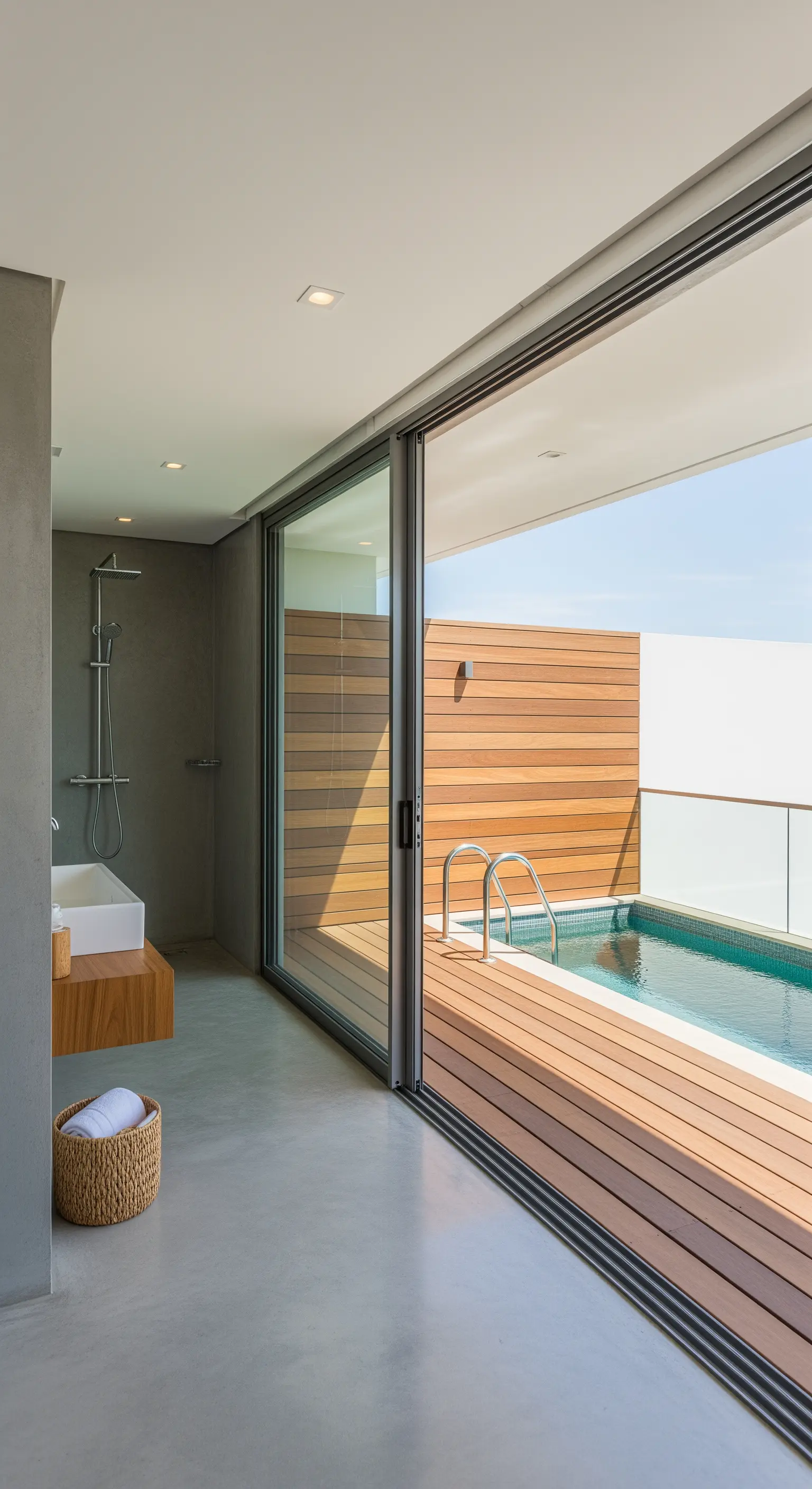 Badezimmer mit großer Glasschiebetür, die sich zu einer Holzterrasse mit Pool öffnet