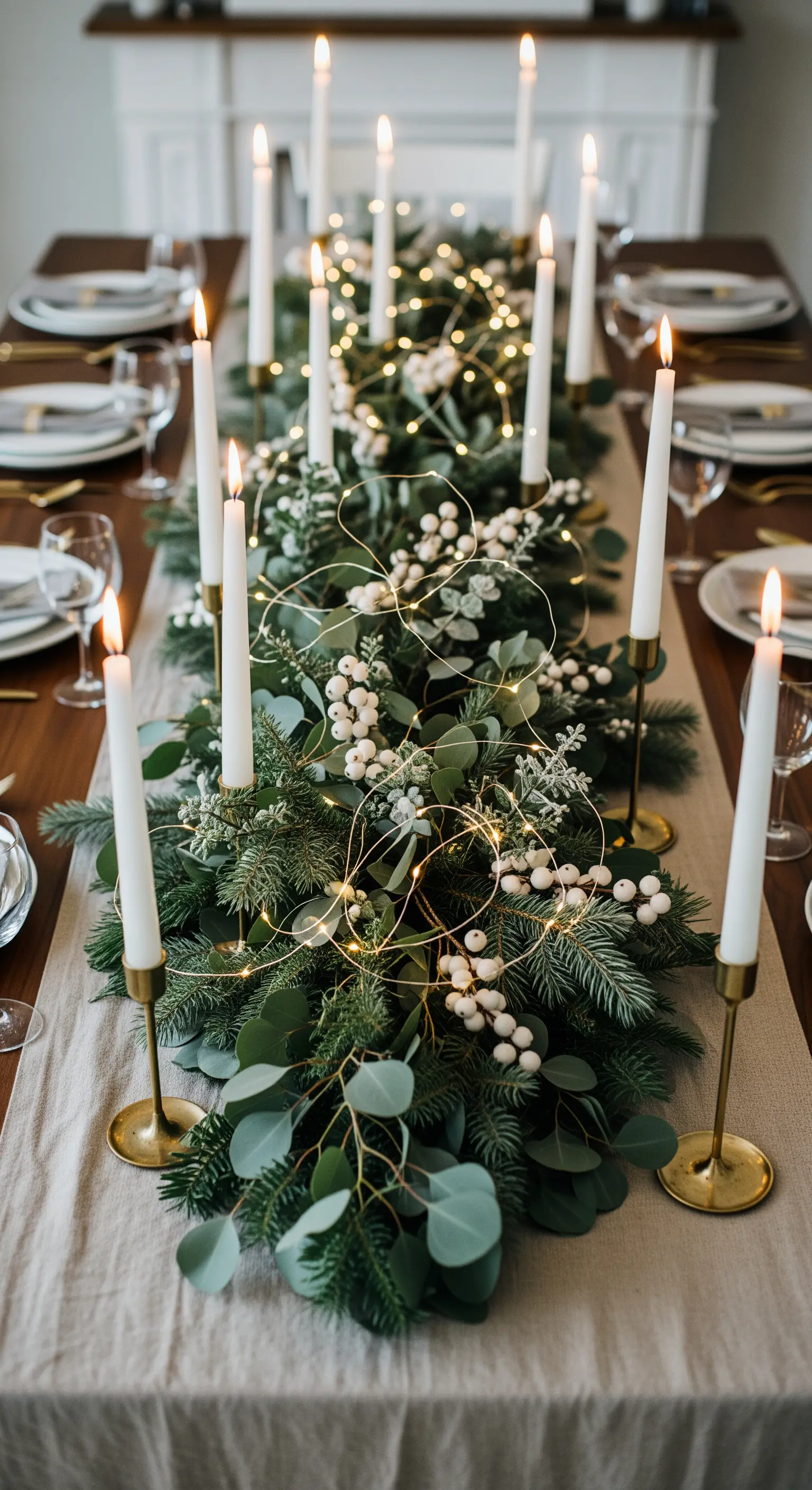 Üppige Tischgirlande aus Grün, weißen Beeren und Stabkerzen auf einem festlich gedeckten Esstisch.