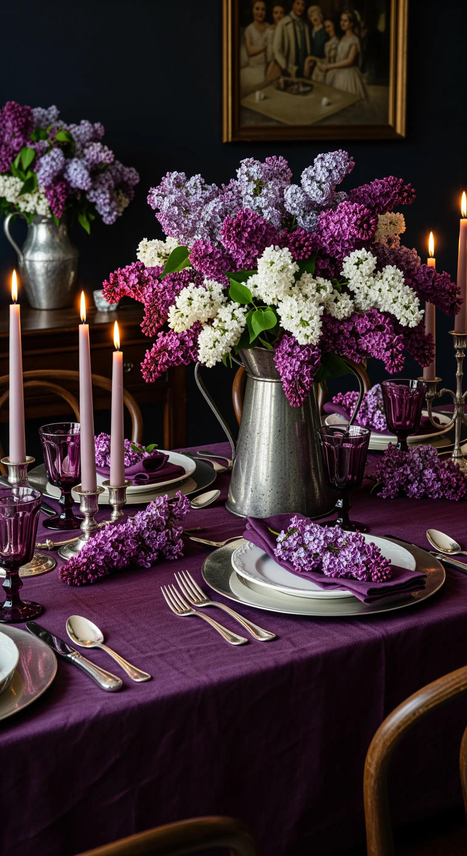 Üppiger Fliederstrauß in einem Zinnkrug auf einem Tisch mit lila Tischdecke