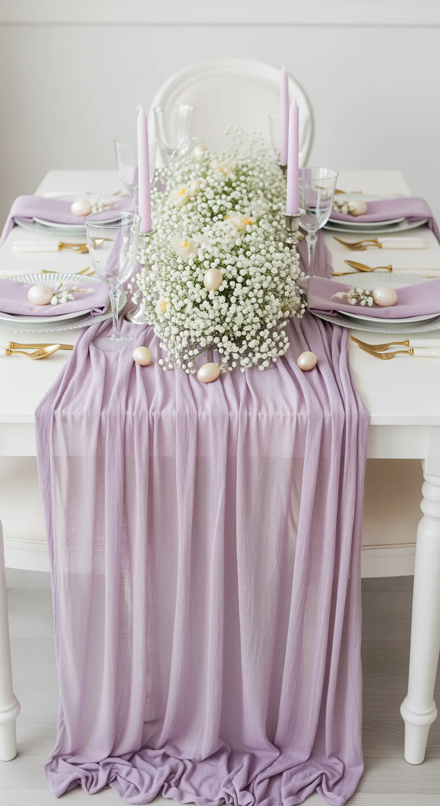 Romantische Ostertafel in Lavendel mit einem Tischläufer aus Gaze und Schleierkraut.