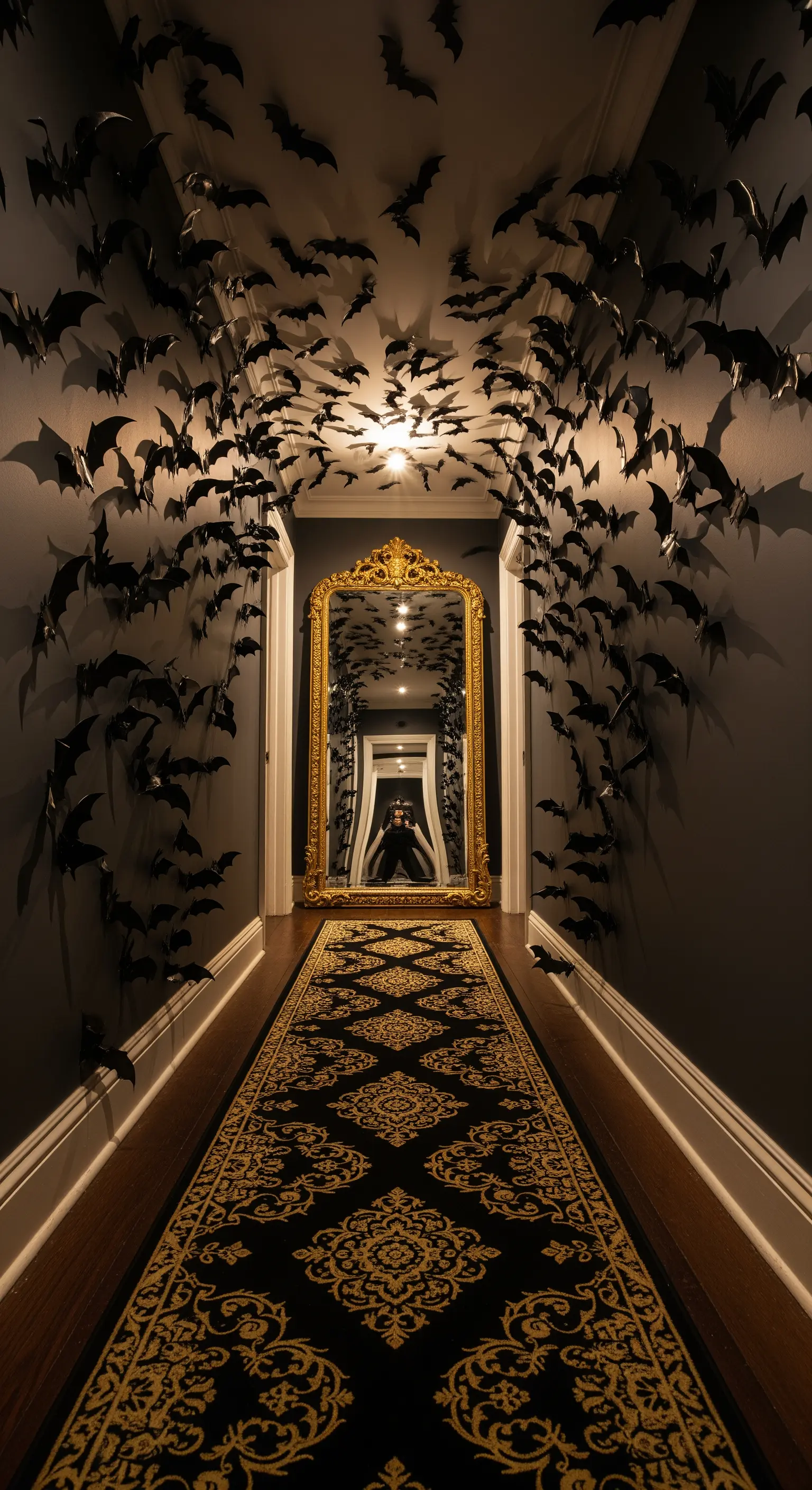 Flur mit schwarzen Fledermäusen, goldenem Spiegel und gemustertem Läufer