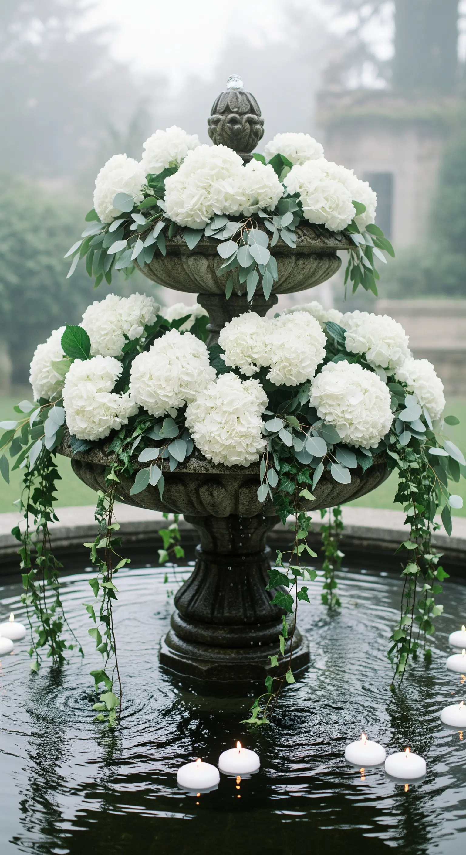 Tierbrunnen mit weißen Hortensien, Eukalyptus und schwimmenden Kerzen im Wasser