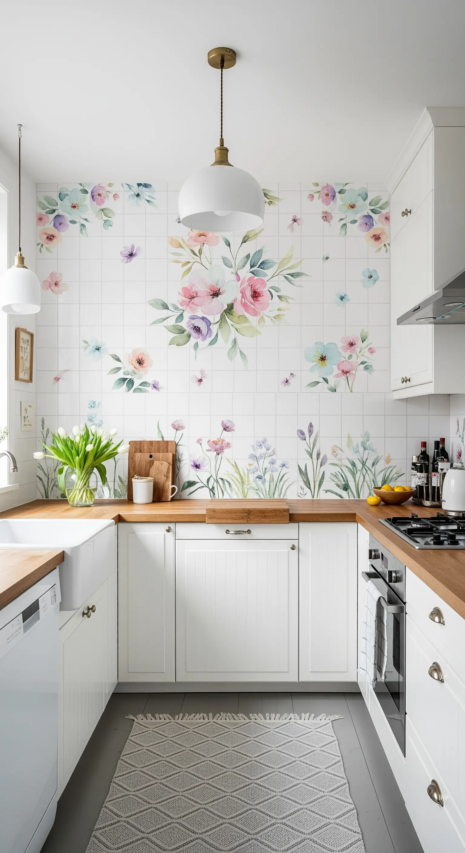 Weiße Küchenfliesen verziert mit floralen Aquarell-Aufklebern in Pastellfarben