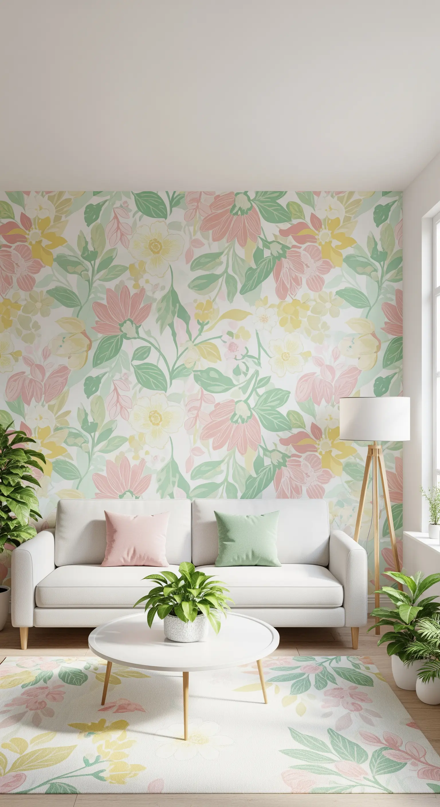 Wohnzimmer mit floraler Pastell-Tapete, passendem Teppich, weißem Sofa