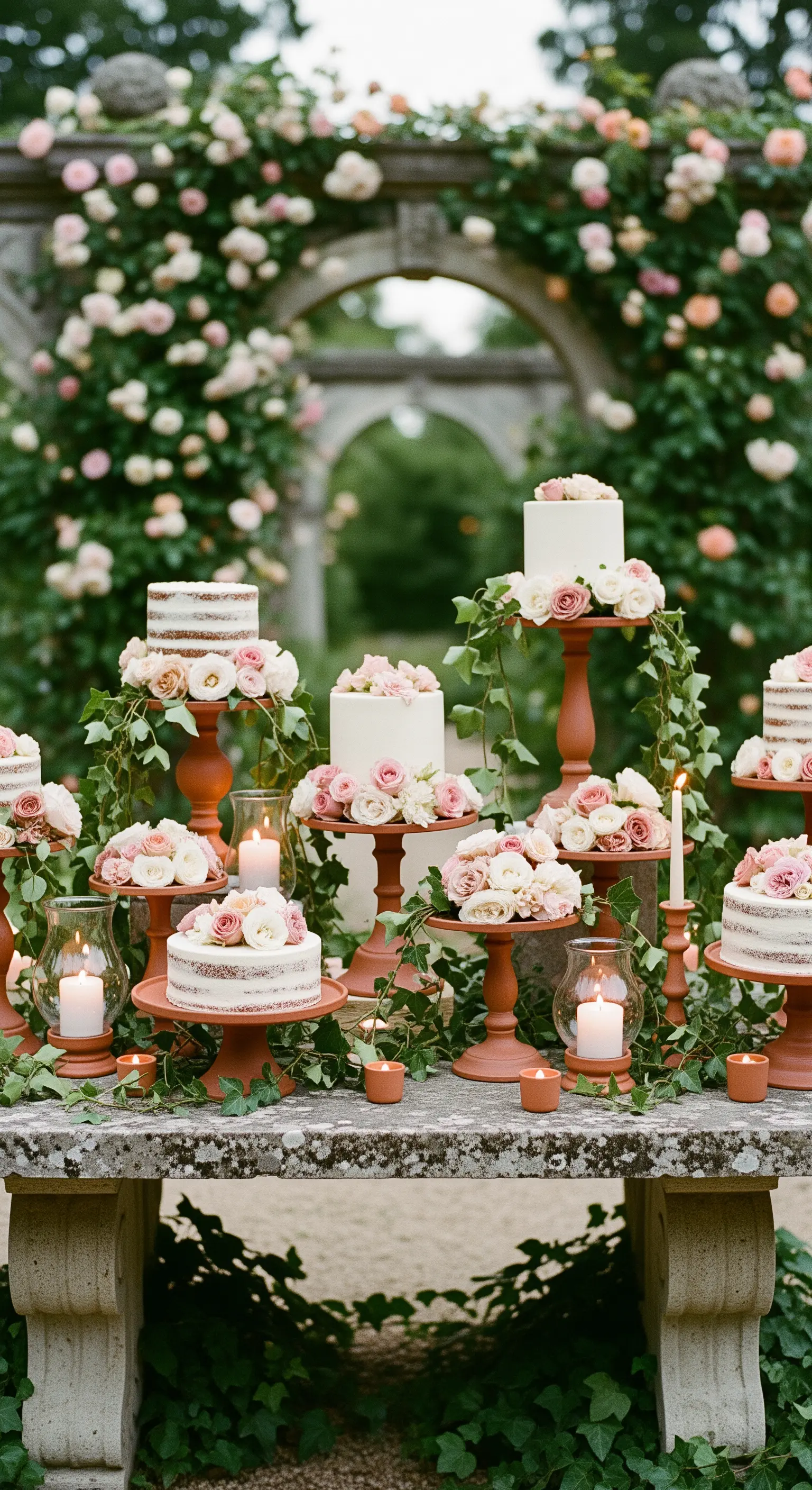 Tortenpräsentation auf Terrakotta-Sockeln