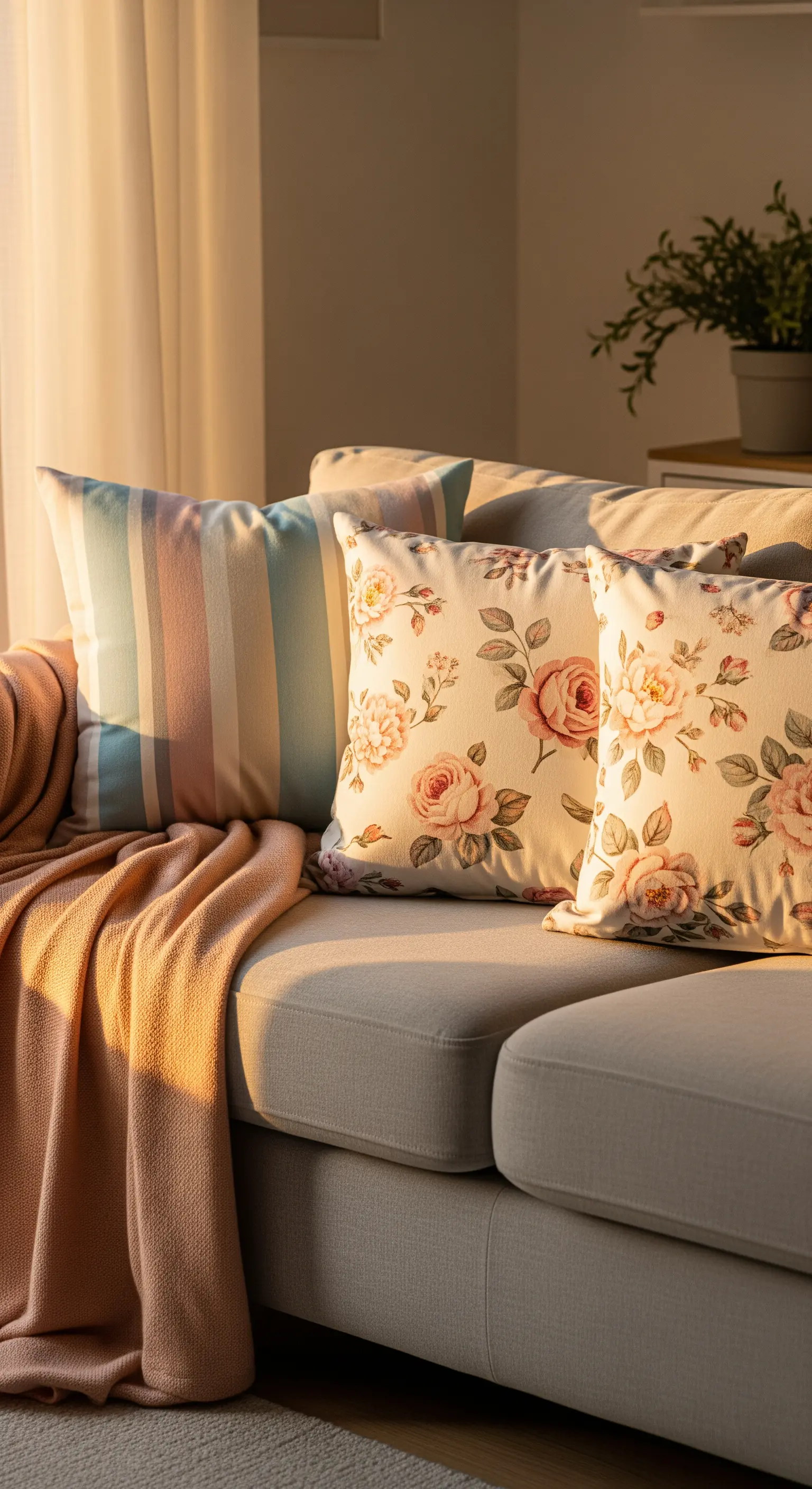 Sofa mit floralen und gestreiften Pastellkissen, rosa Decke, warmes Abendlicht