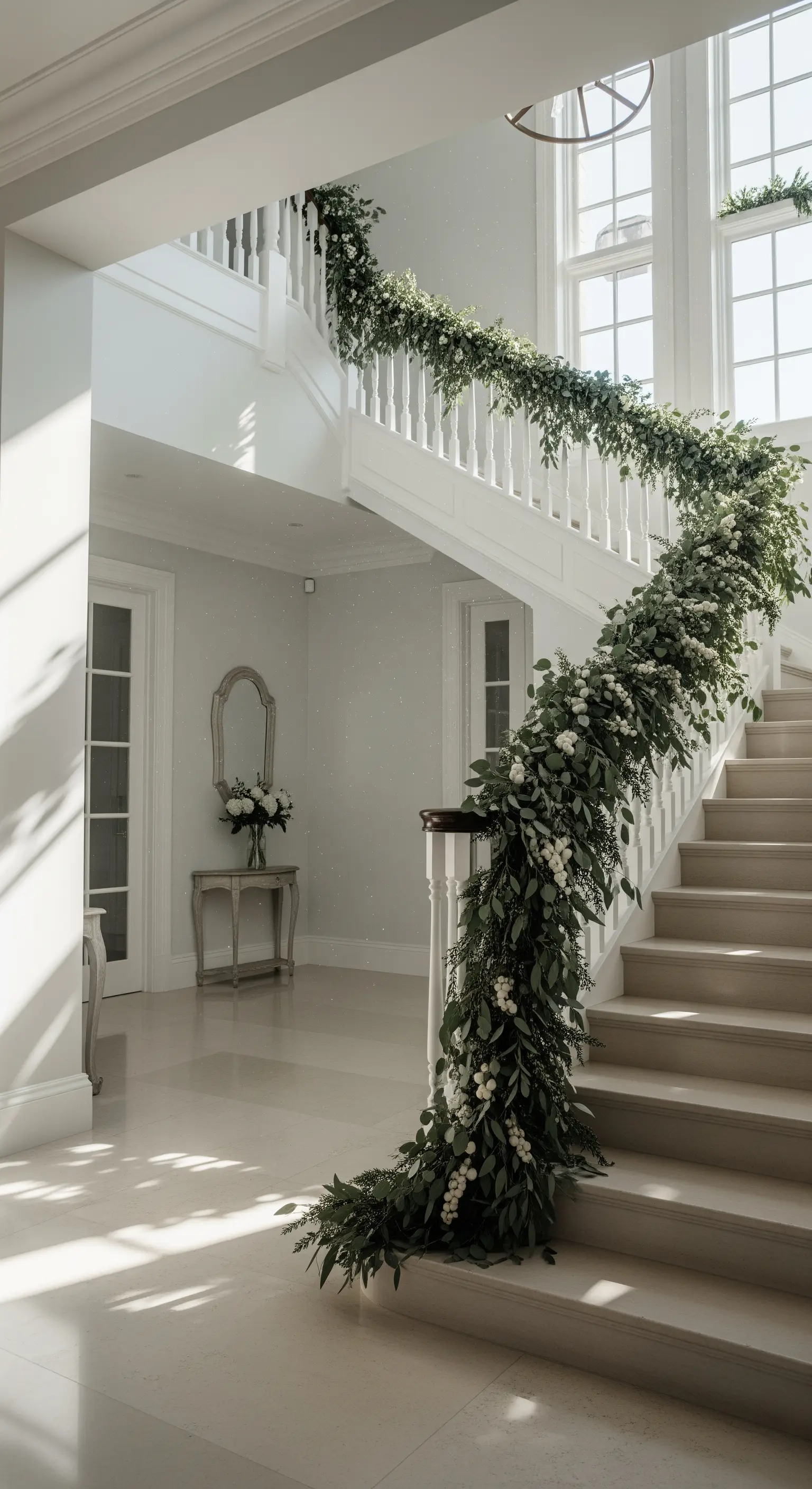 Weiße Treppe mit sehr üppiger grüner Girlande, weißen Beeren und Blüten.